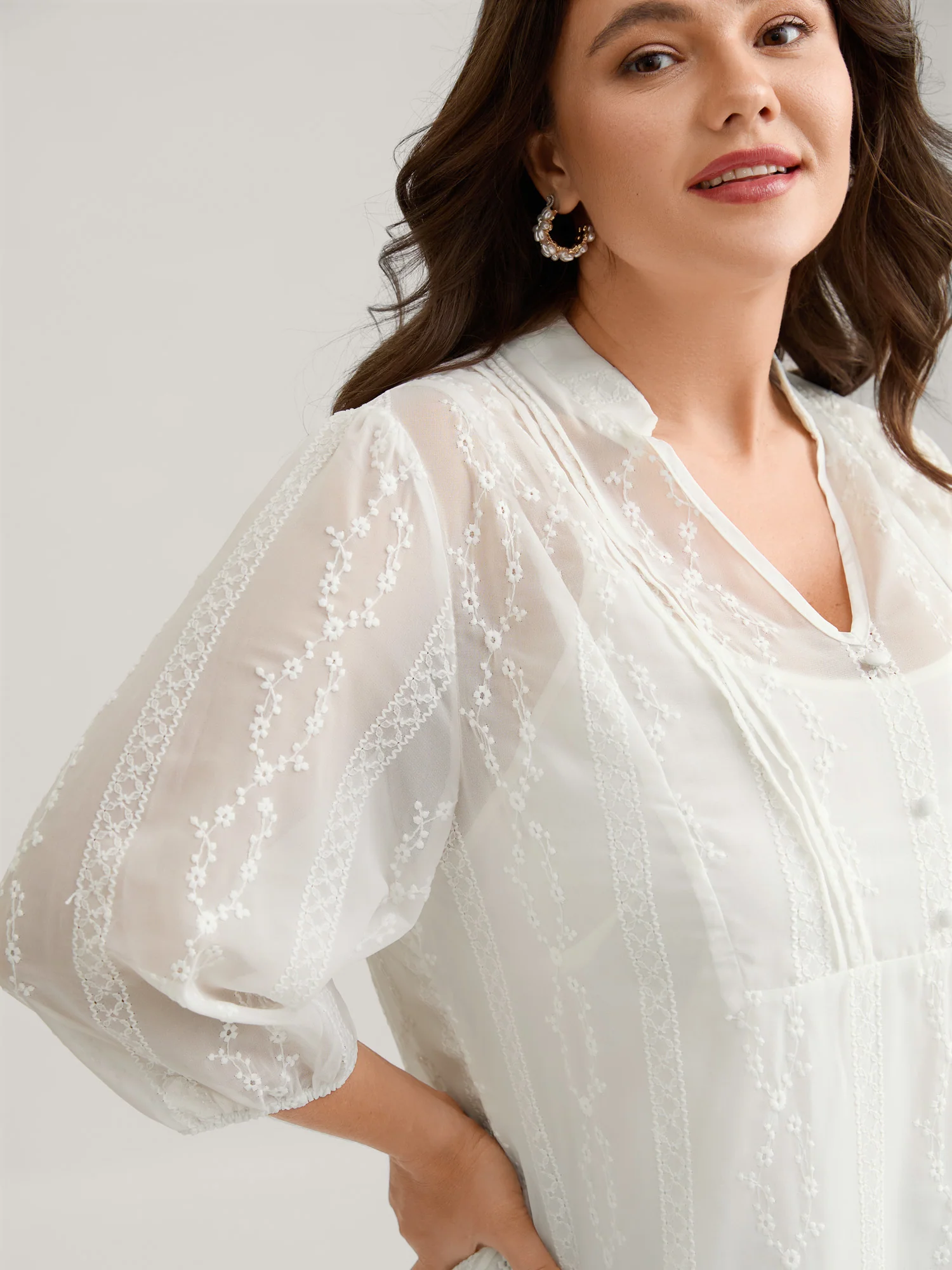 Texture Mesh Button Detail Tucked Seam Blouse - Image 2