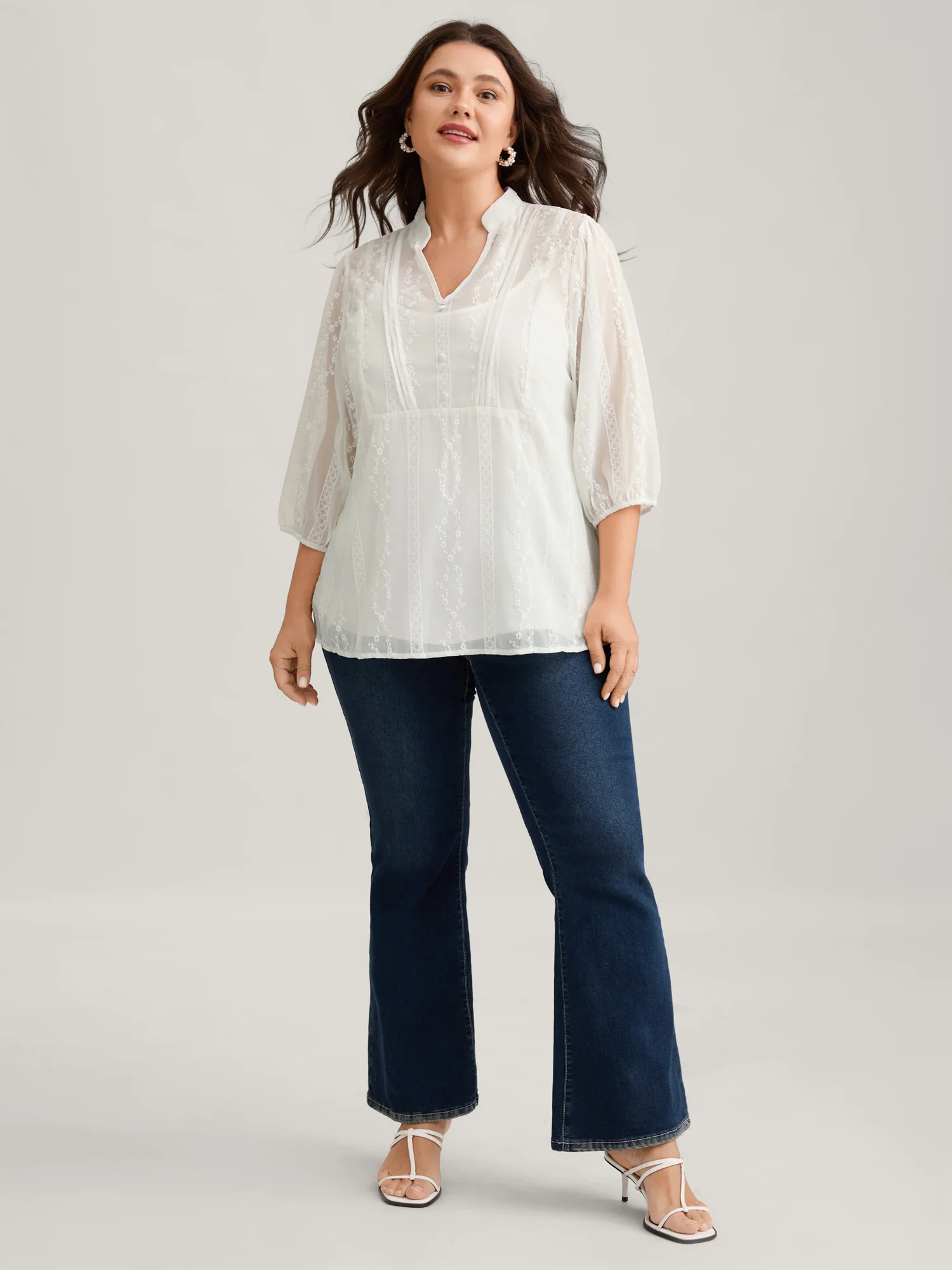Texture Mesh Button Detail Tucked Seam Blouse - Image 3