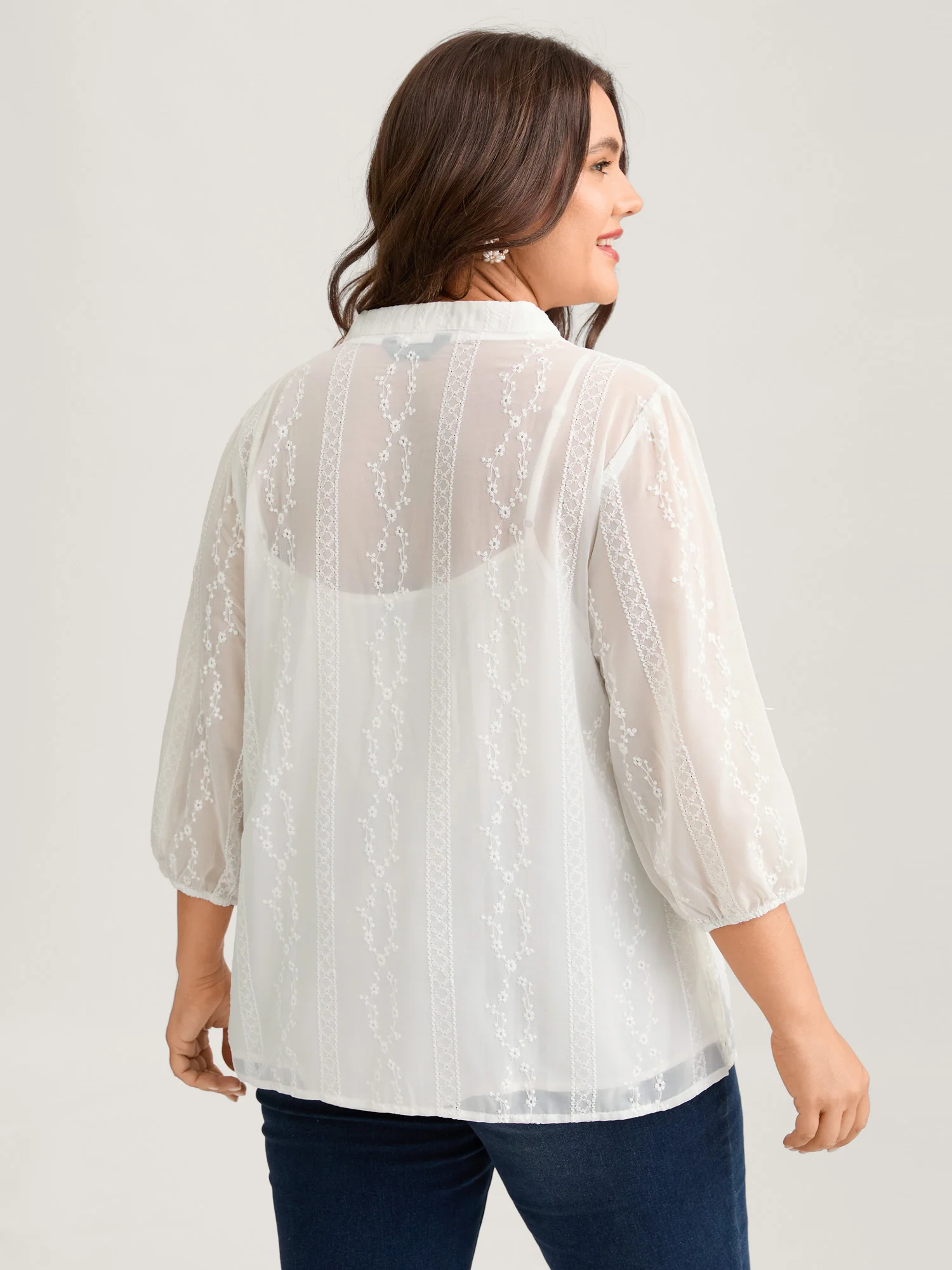 Texture Mesh Button Detail Tucked Seam Blouse - Image 5