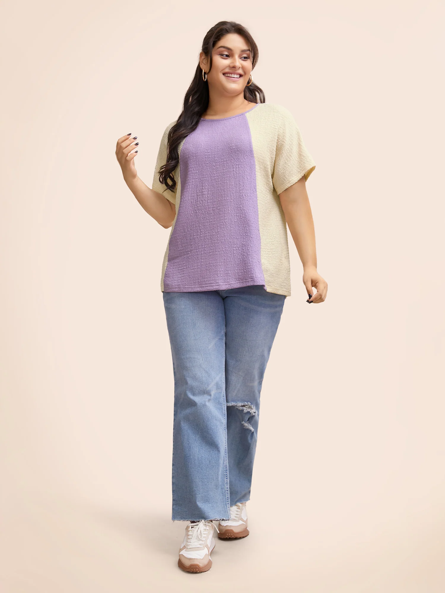 Texture Patchwork Contrast Dolman Sleeve T-shirt - Image 3
