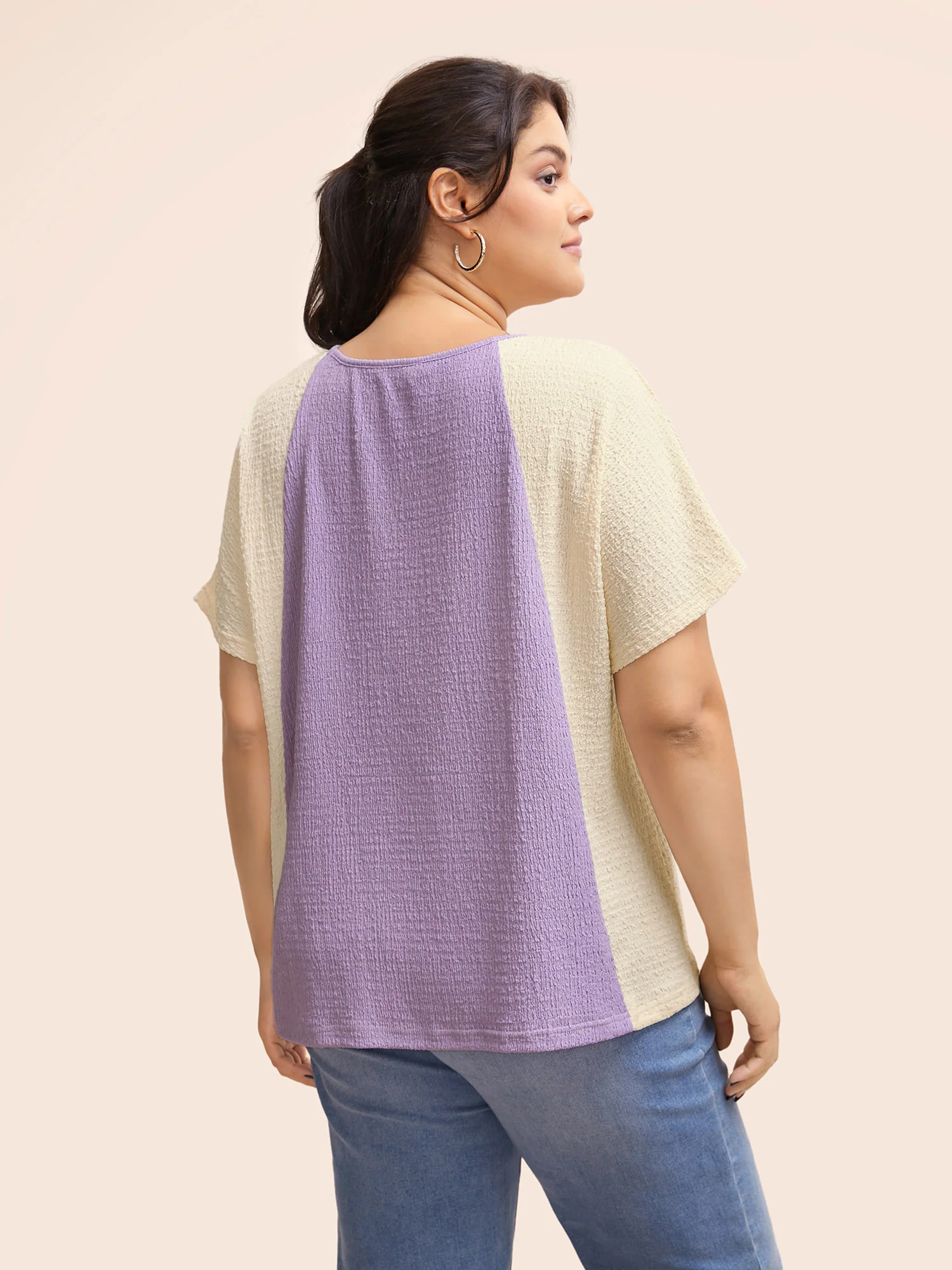 Texture Patchwork Contrast Dolman Sleeve T-shirt - Image 4
