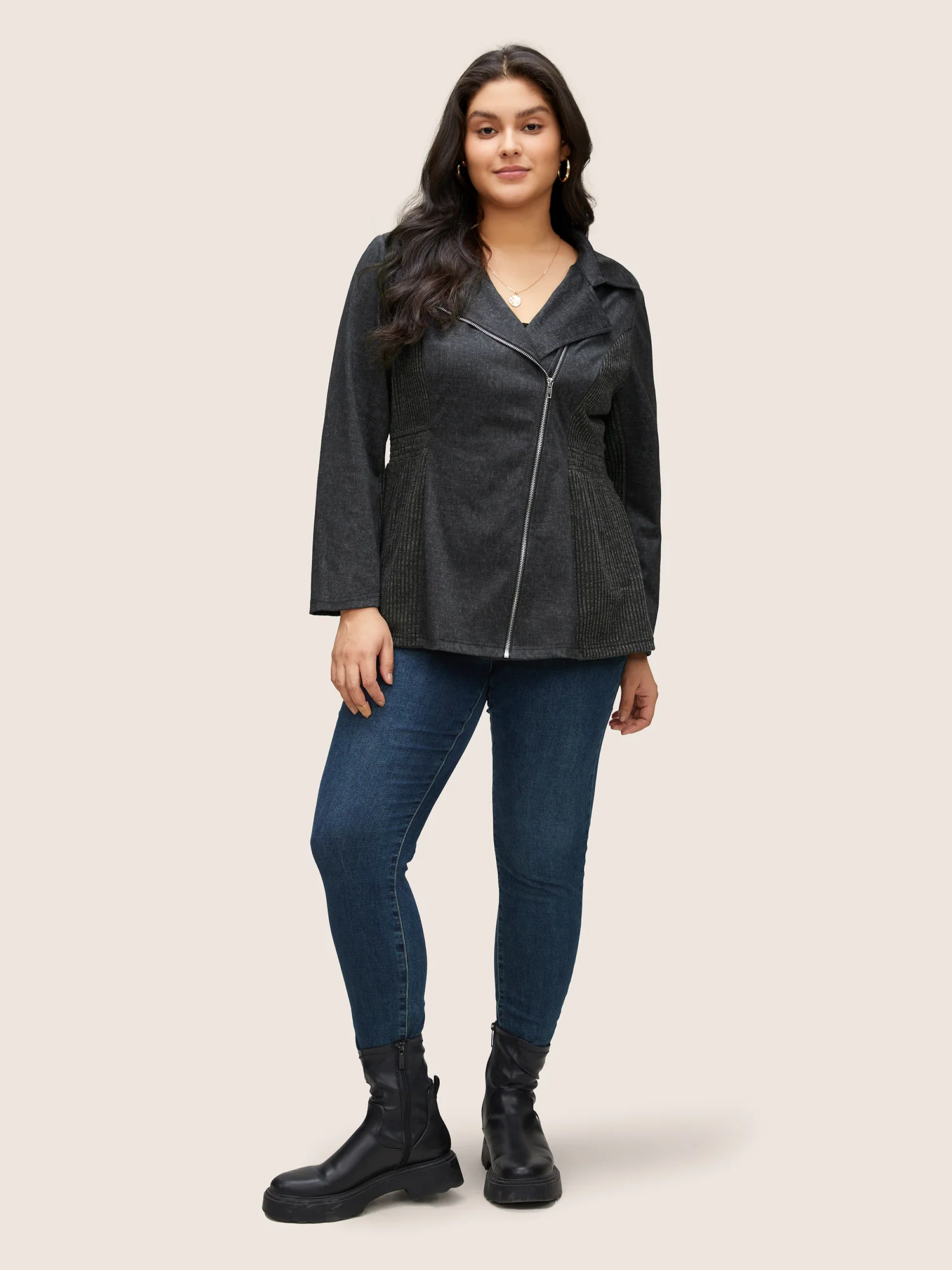 Texture Patchwork Rib Knit Zipper Jacket - Image 2