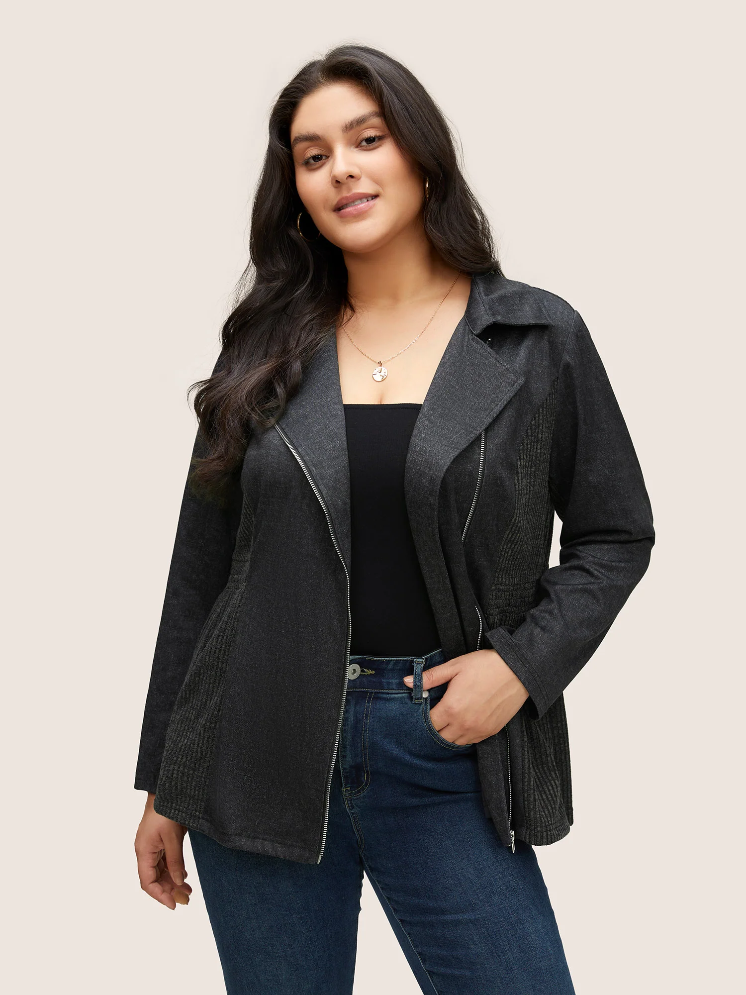 Texture Patchwork Rib Knit Zipper Jacket - Image 4