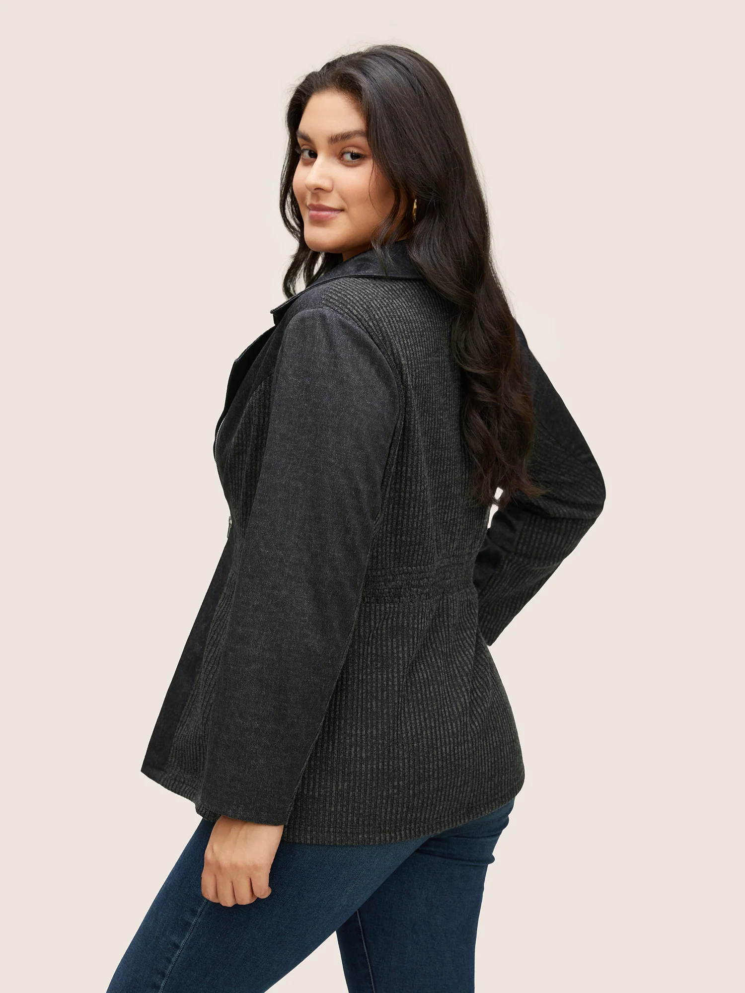 Texture Patchwork Rib Knit Zipper Jacket - Image 5