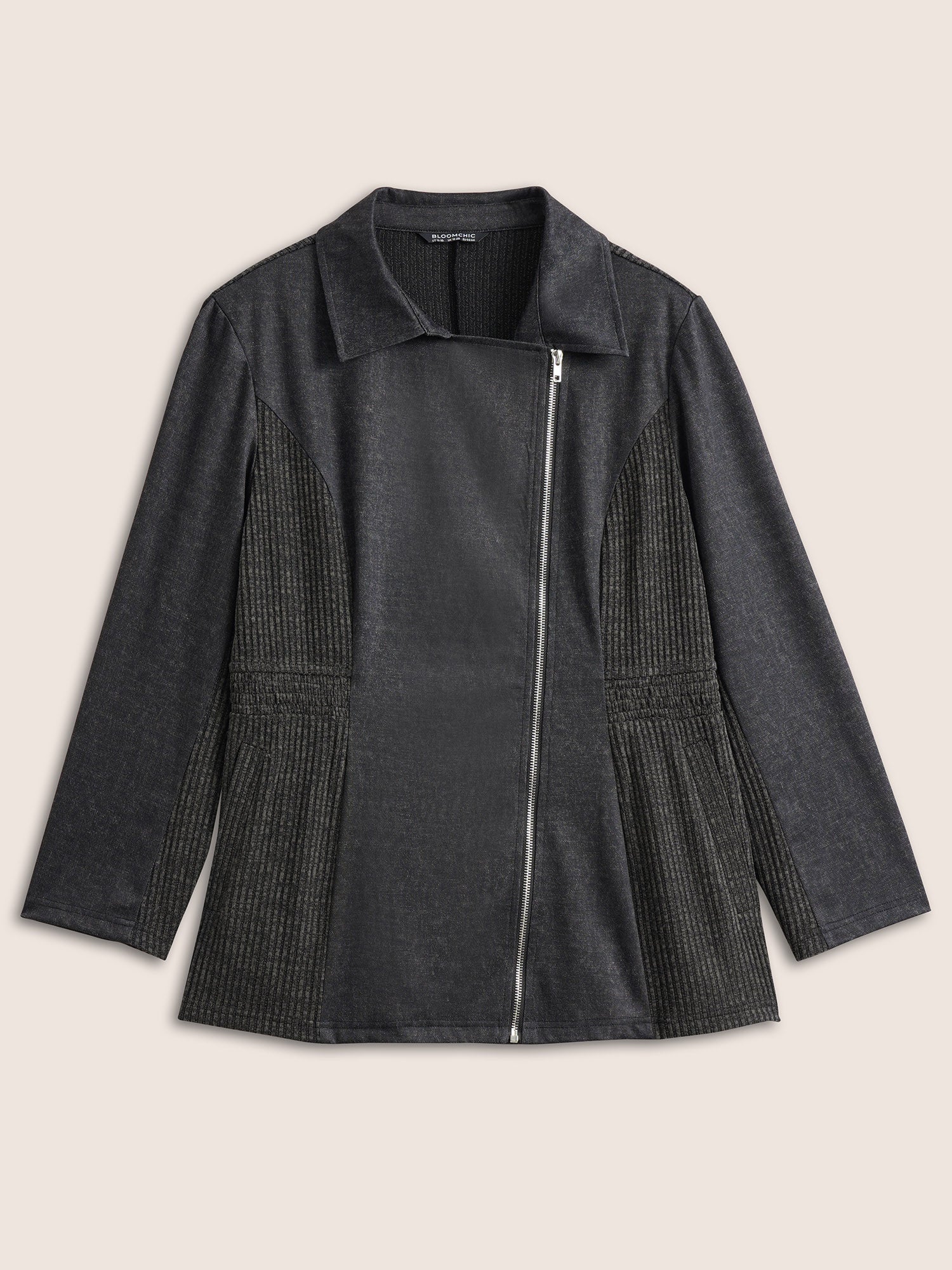 Texture Patchwork Rib Knit Zipper Jacket - Image 8