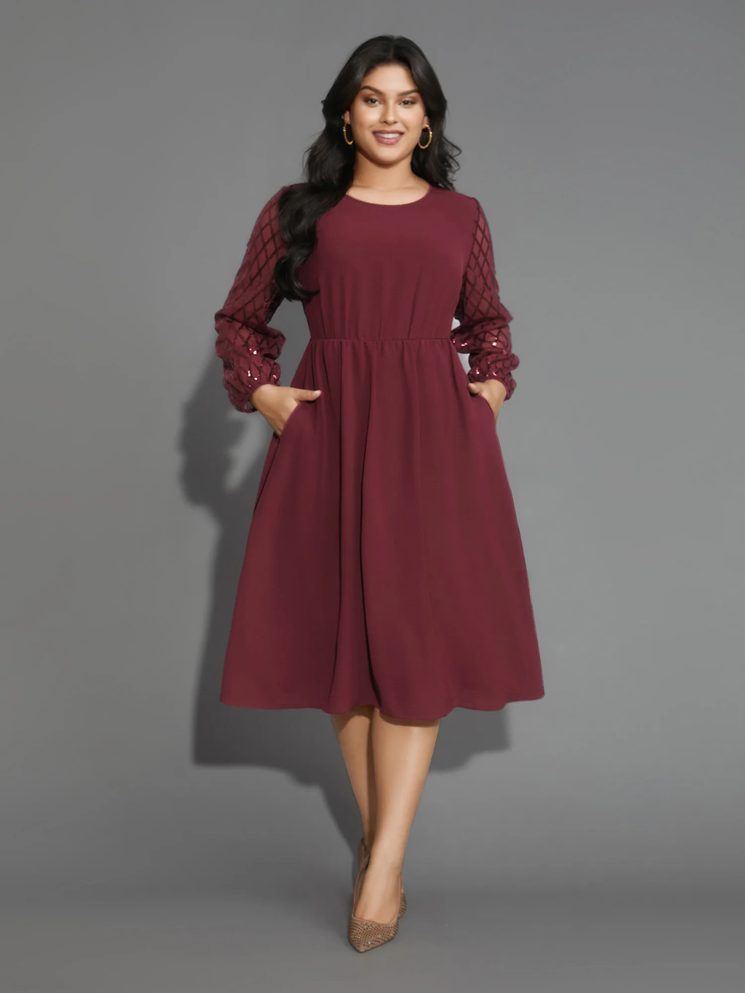 Texture Sequin Mesh Patchwork Midi Dress - Image 10