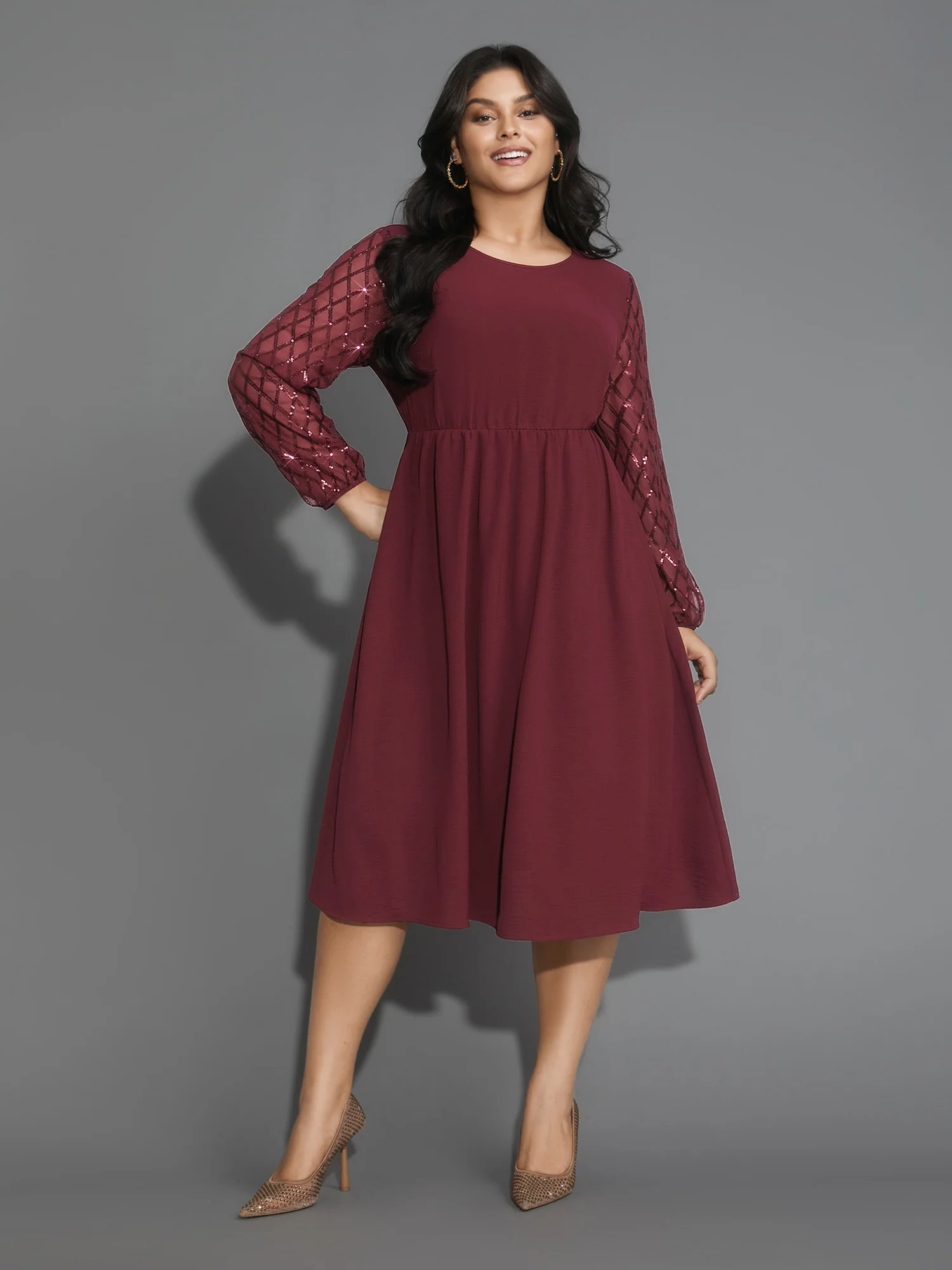 Texture Sequin Mesh Patchwork Midi Dress - Image 11