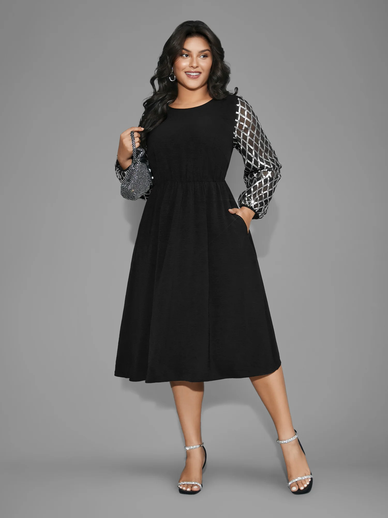 Texture Sequin Mesh Patchwork Midi Dress - Image 3