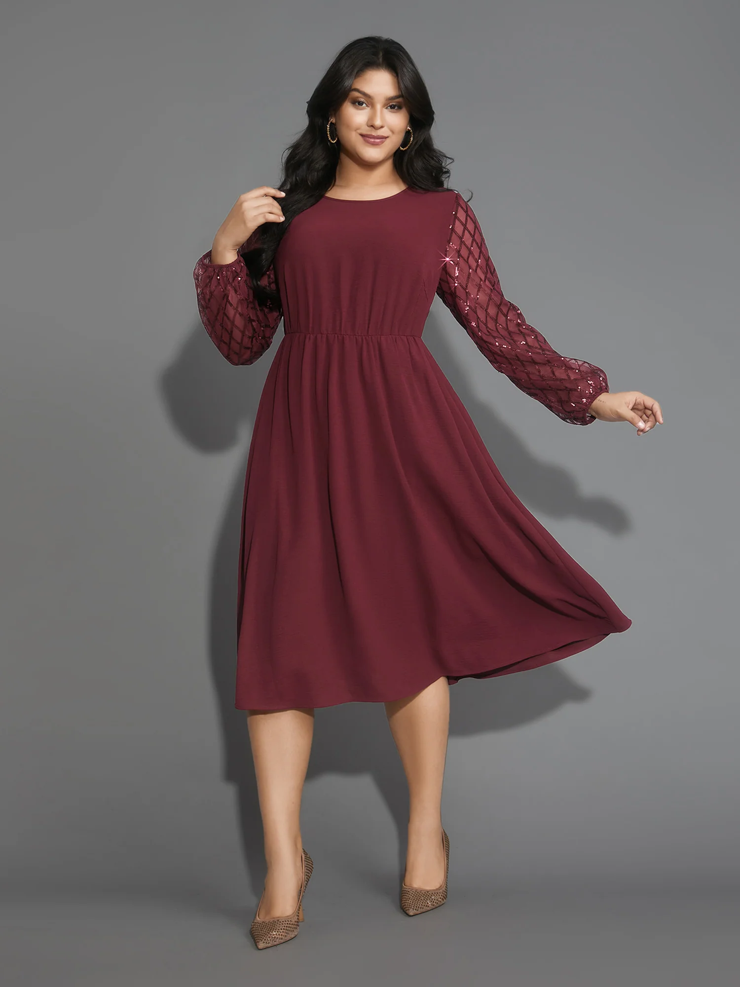 Texture Sequin Mesh Patchwork Midi Dress - Image 9