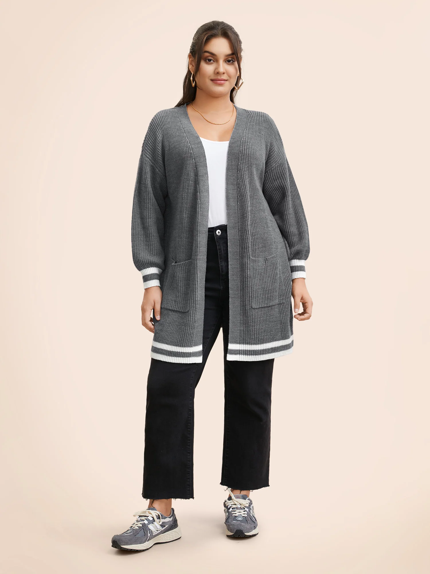Texture Striped Patchwork Patched Pocket Cardigan - Image 3
