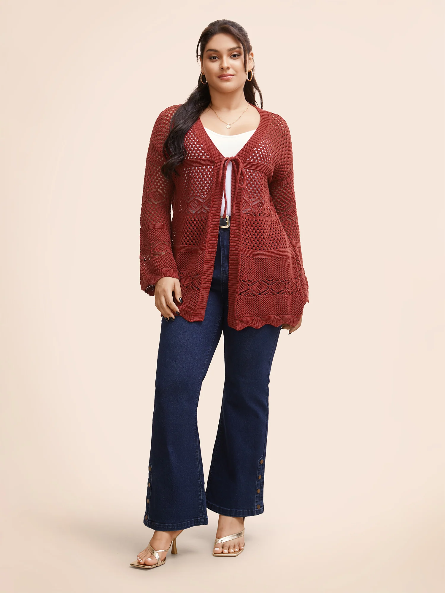 Texture Tie Knot Bell Sleeve Cardigan - Image 3