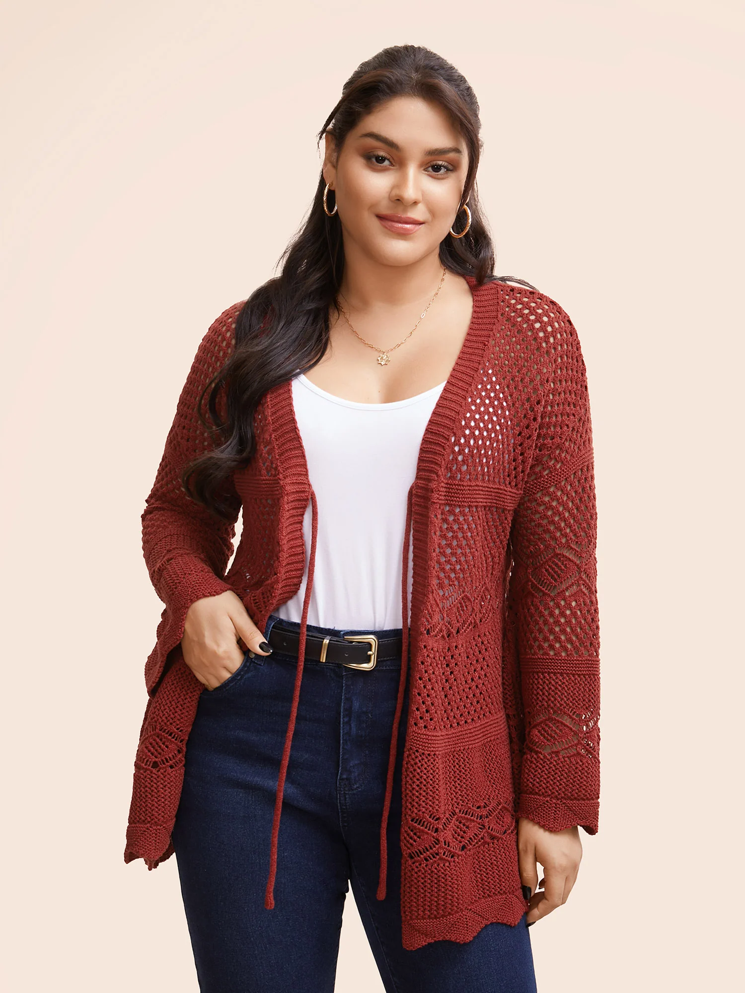 Texture Tie Knot Bell Sleeve Cardigan - Image 4