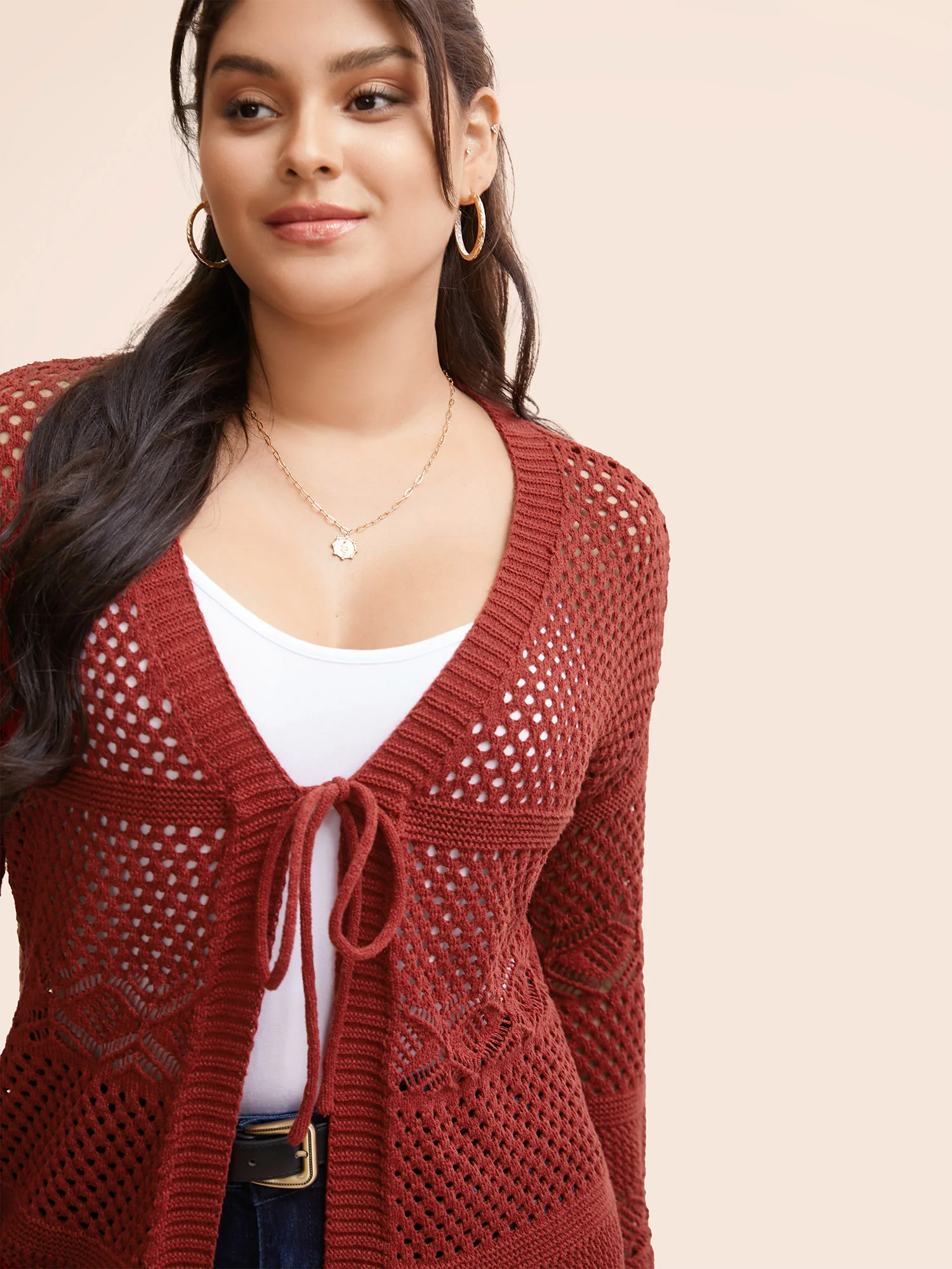 Texture Tie Knot Bell Sleeve Cardigan - Image 5