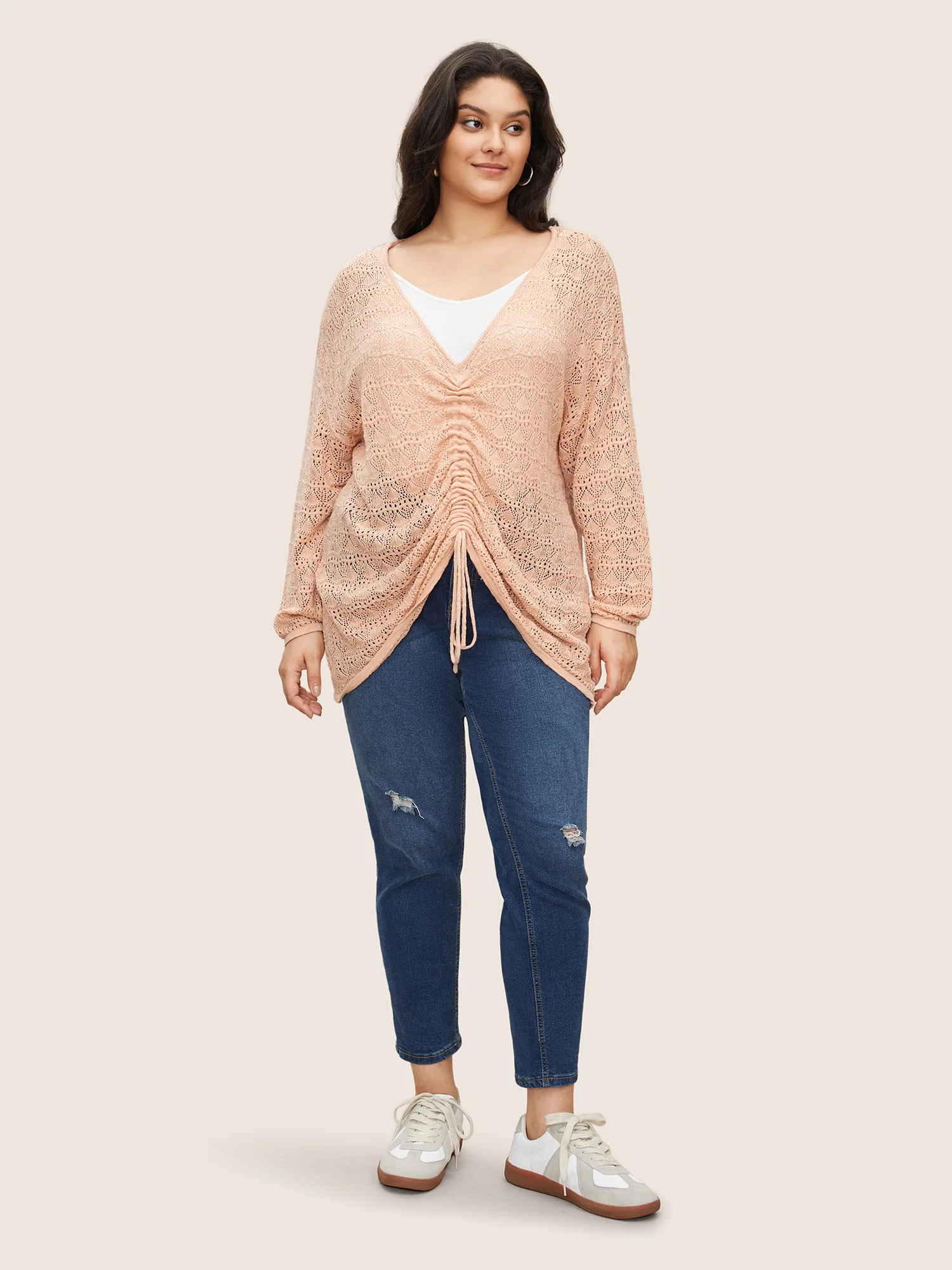 Texture Drawstring Shoulder Sleeve Pullover - Image 3