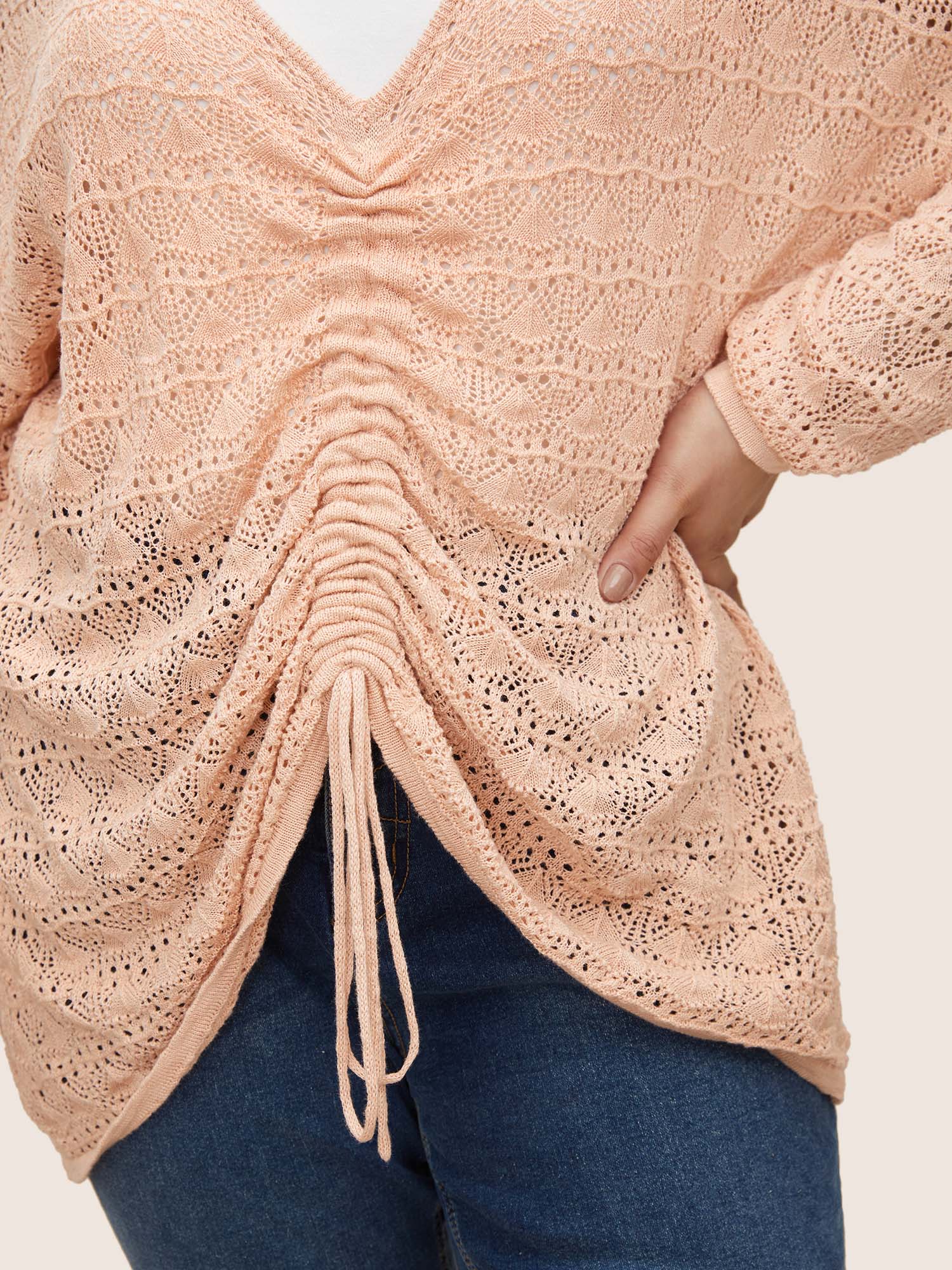Texture Drawstring Shoulder Sleeve Pullover - Image 4