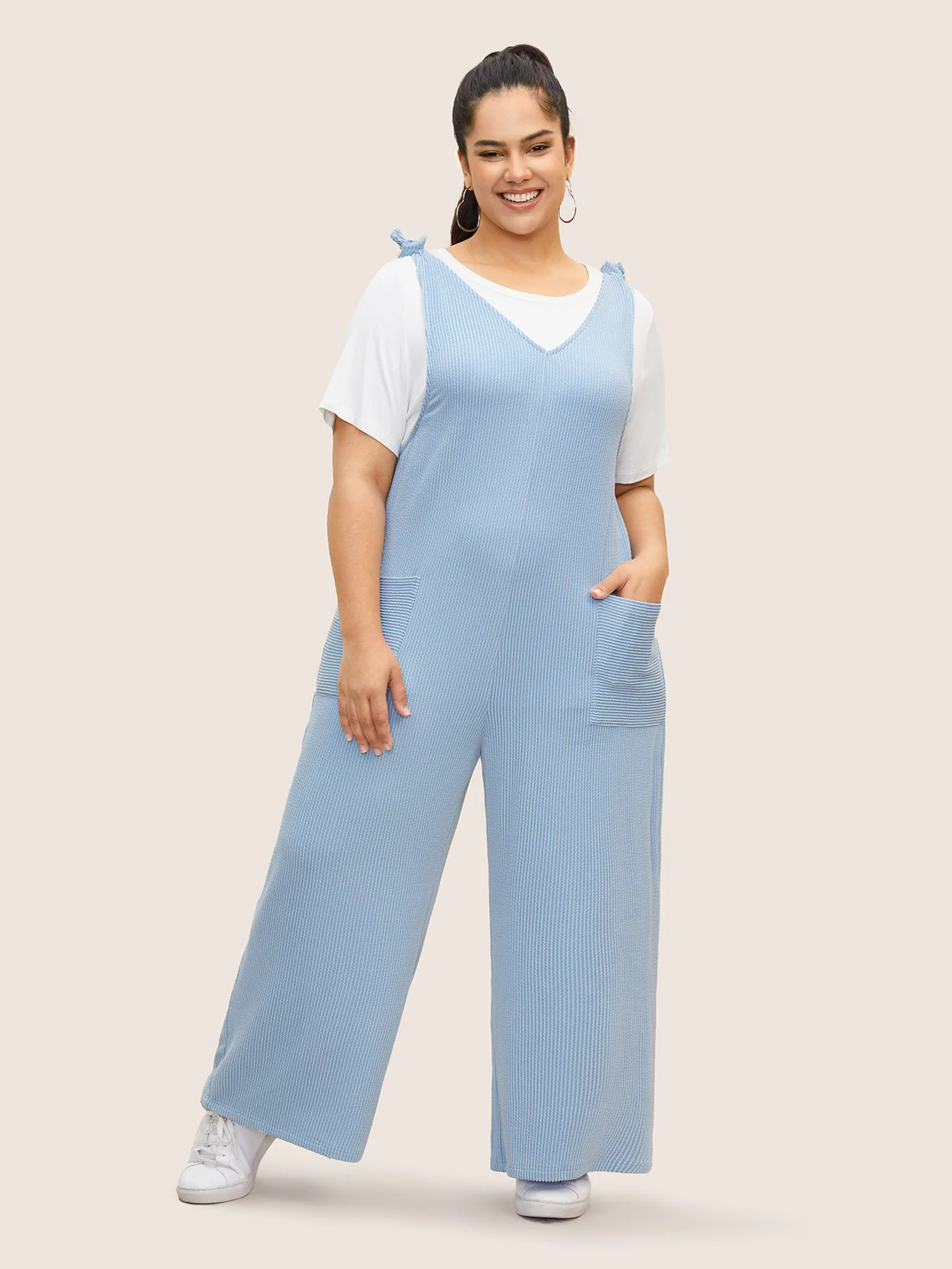 Texture Tie Knot Patch Pocket Jumpsuit - Image 3