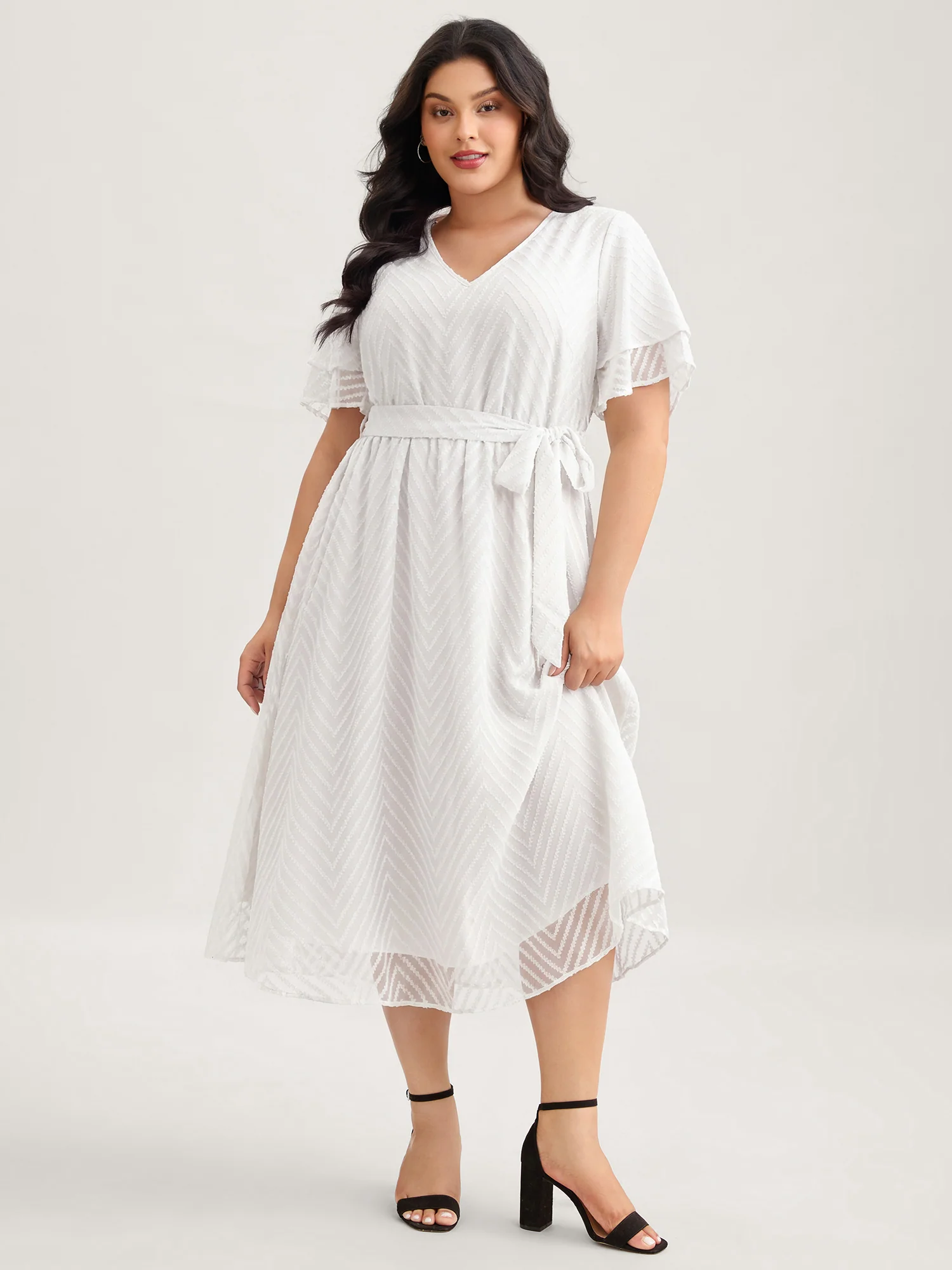 Texture Tiered Ruffle Sleeve See Through Dress - Image 10