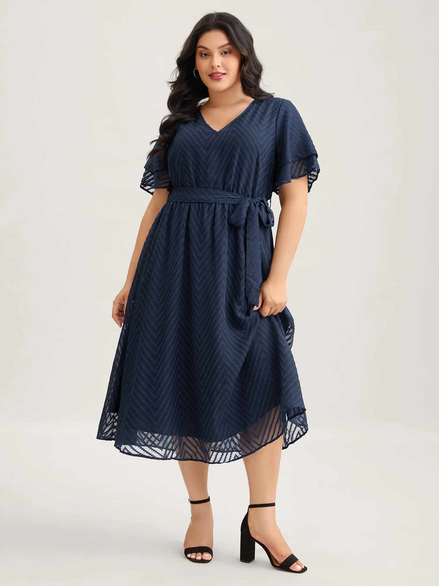 Texture Tiered Ruffle Sleeve See Through Dress - Image 3