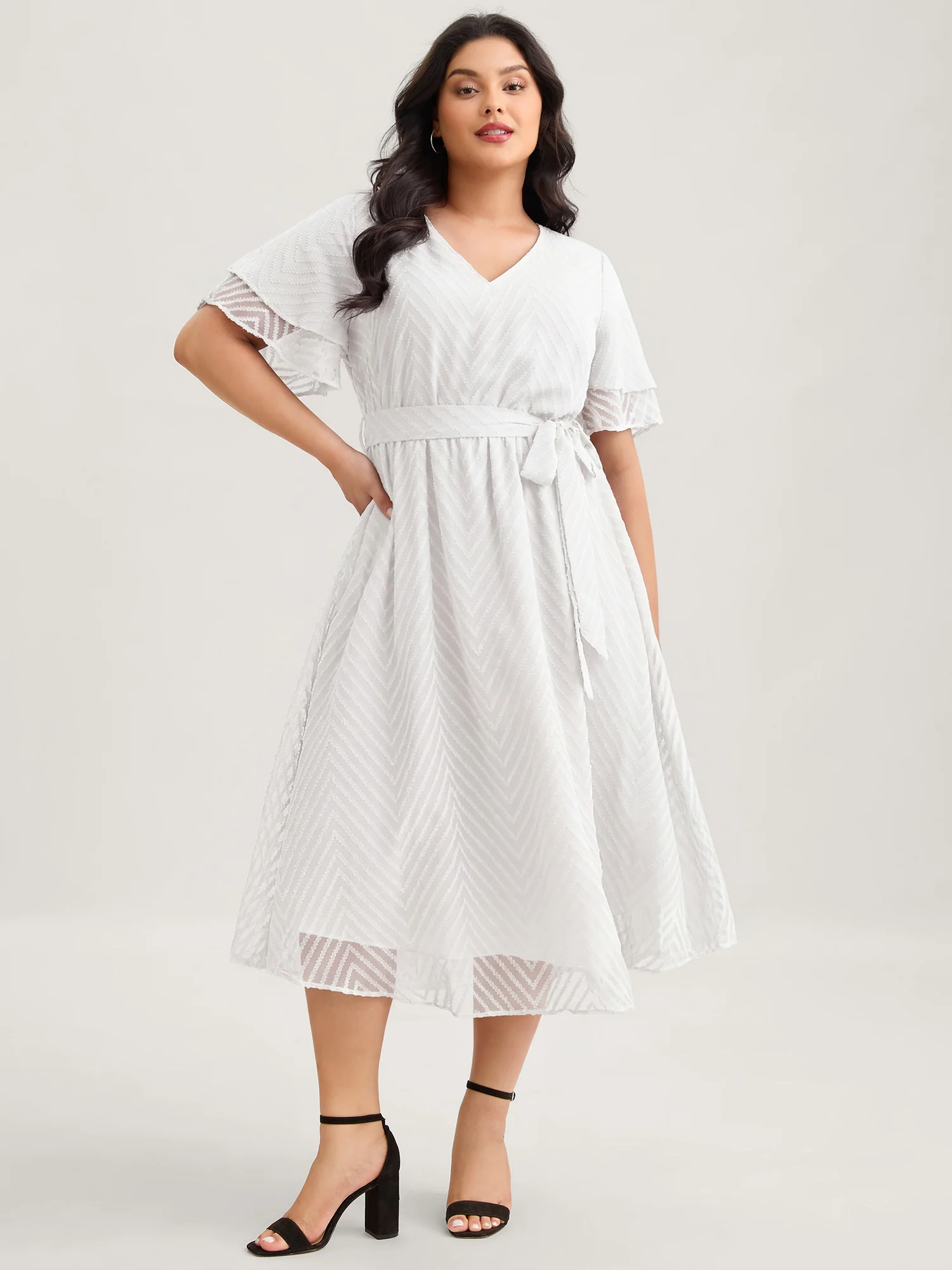 Texture Tiered Ruffle Sleeve See Through Dress - Image 8