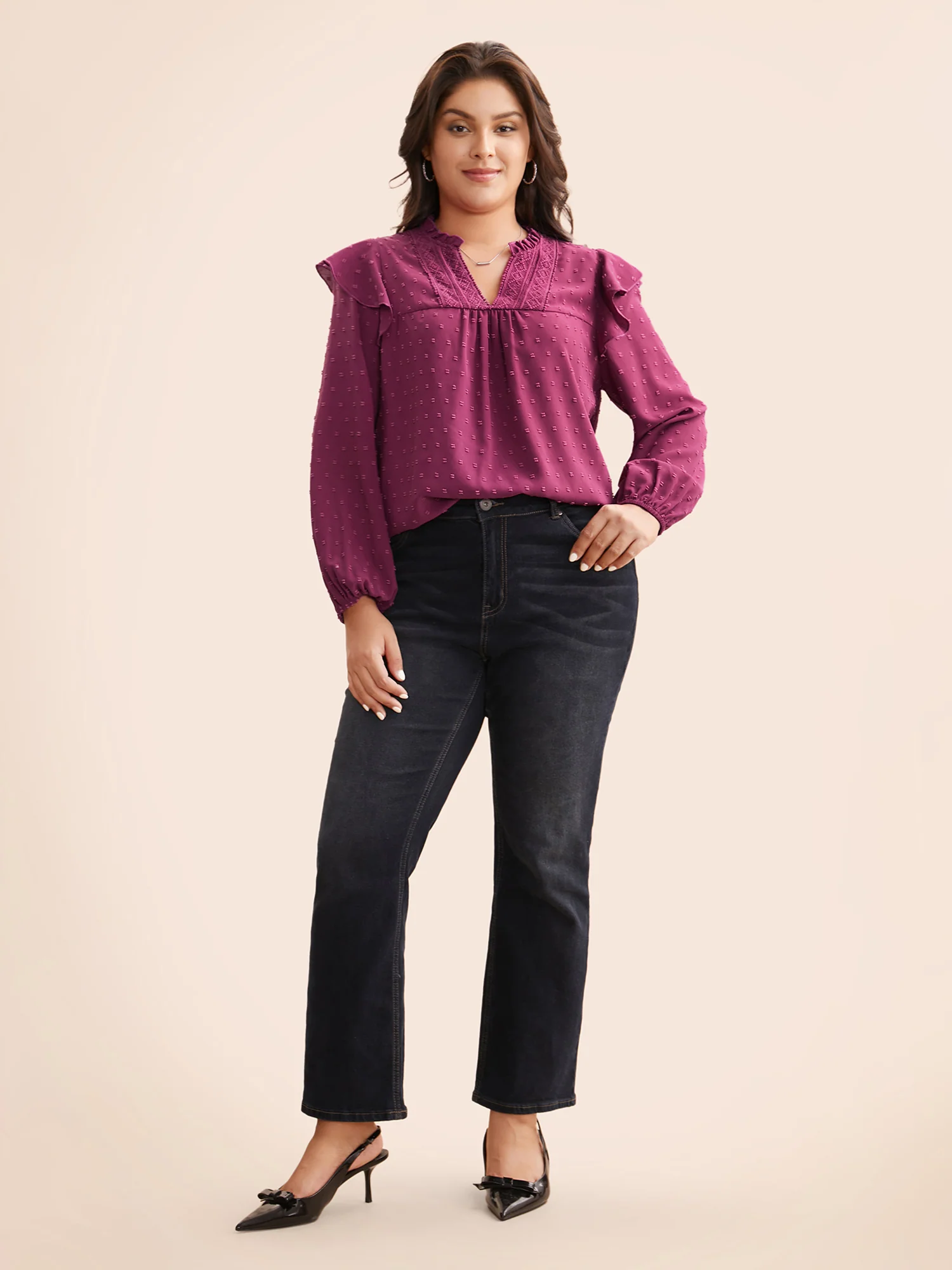 Texture Woven Ribbon Patchwork Ruffles Blouse - Image 2
