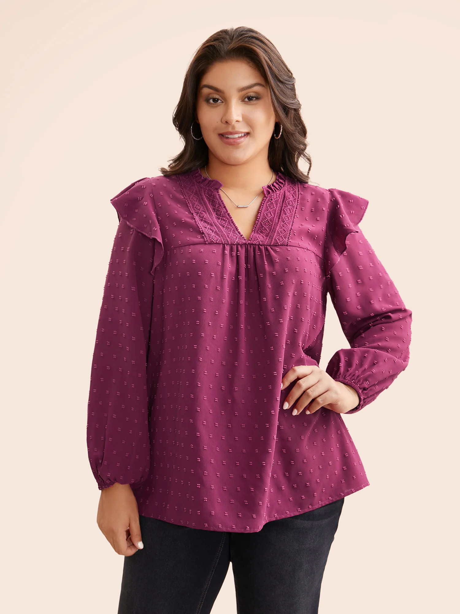 Texture Woven Ribbon Patchwork Ruffles Blouse - Image 4