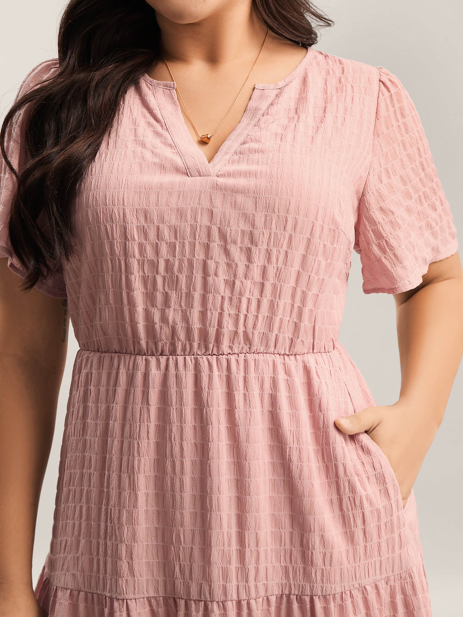 Textured A-Line Split Neck Tiered Midi Dress
