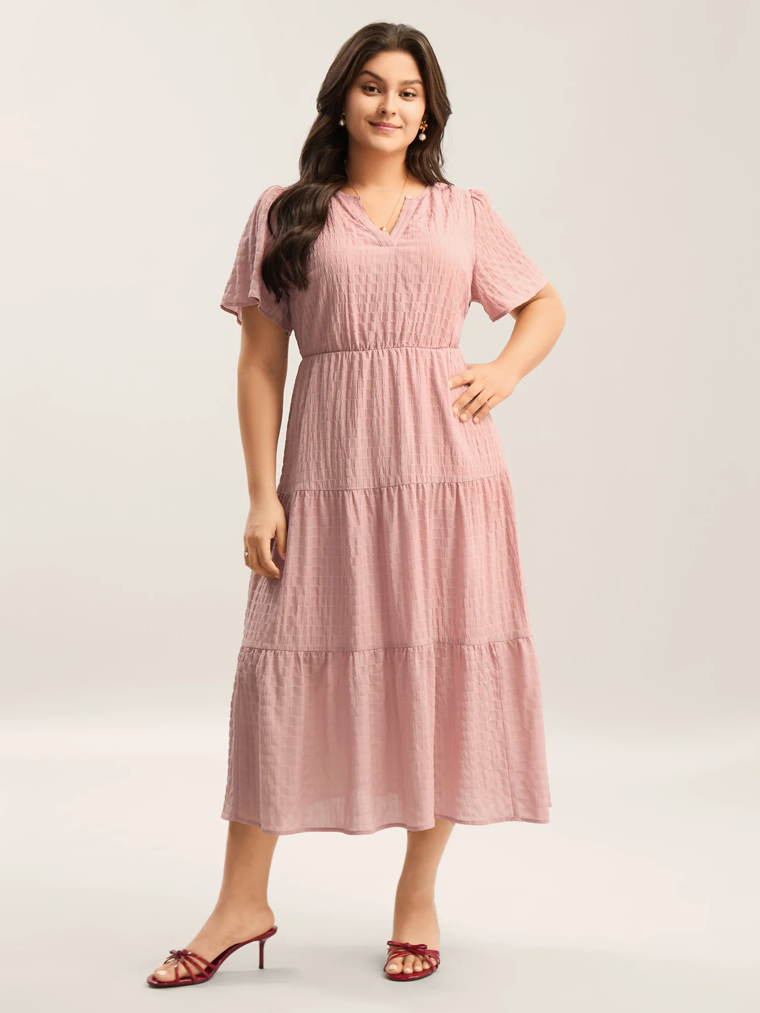 Textured A-Line Split Neck Tiered Midi Dress - Image 2