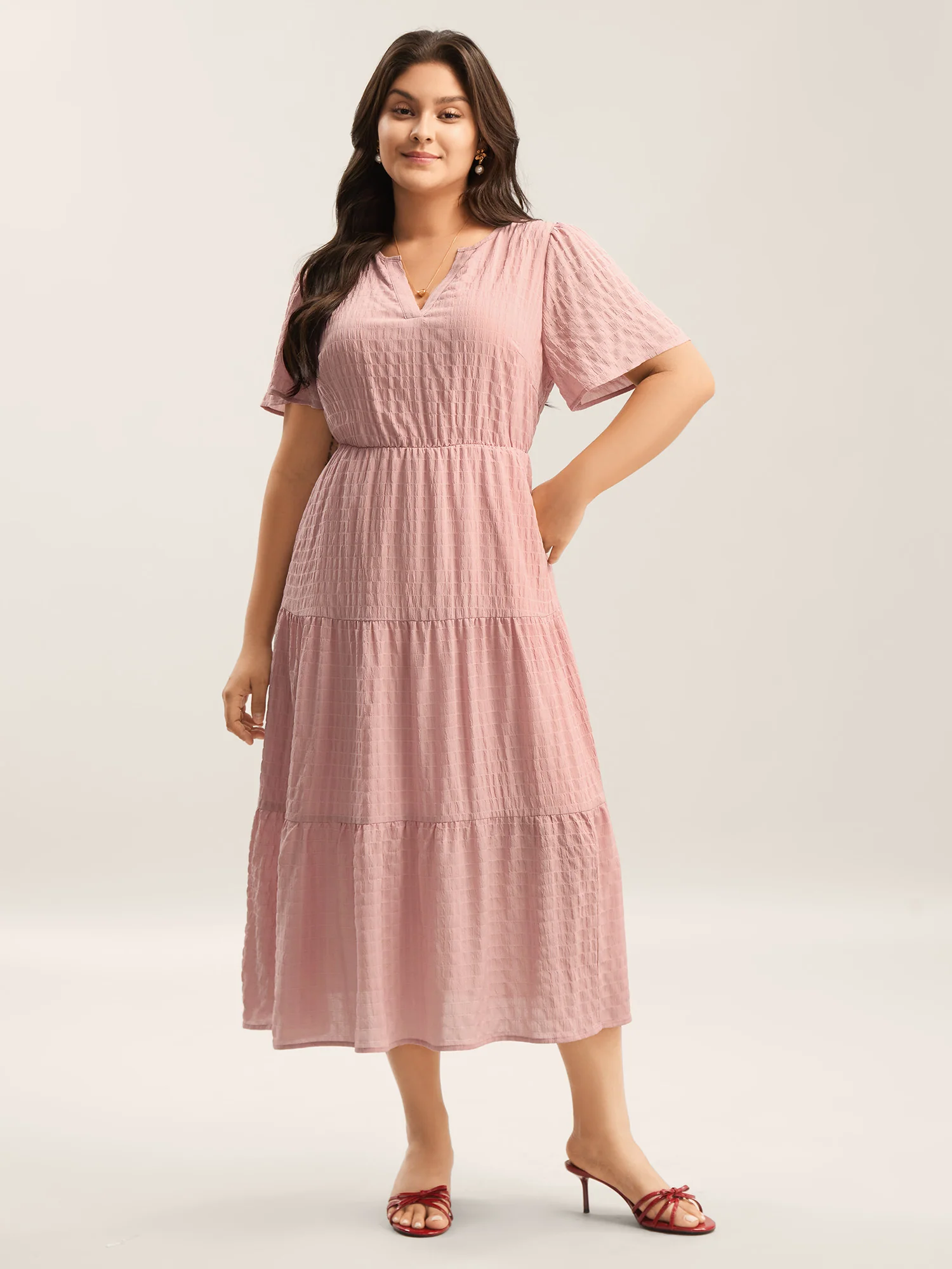 Textured A-Line Split Neck Tiered Midi Dress - Image 3