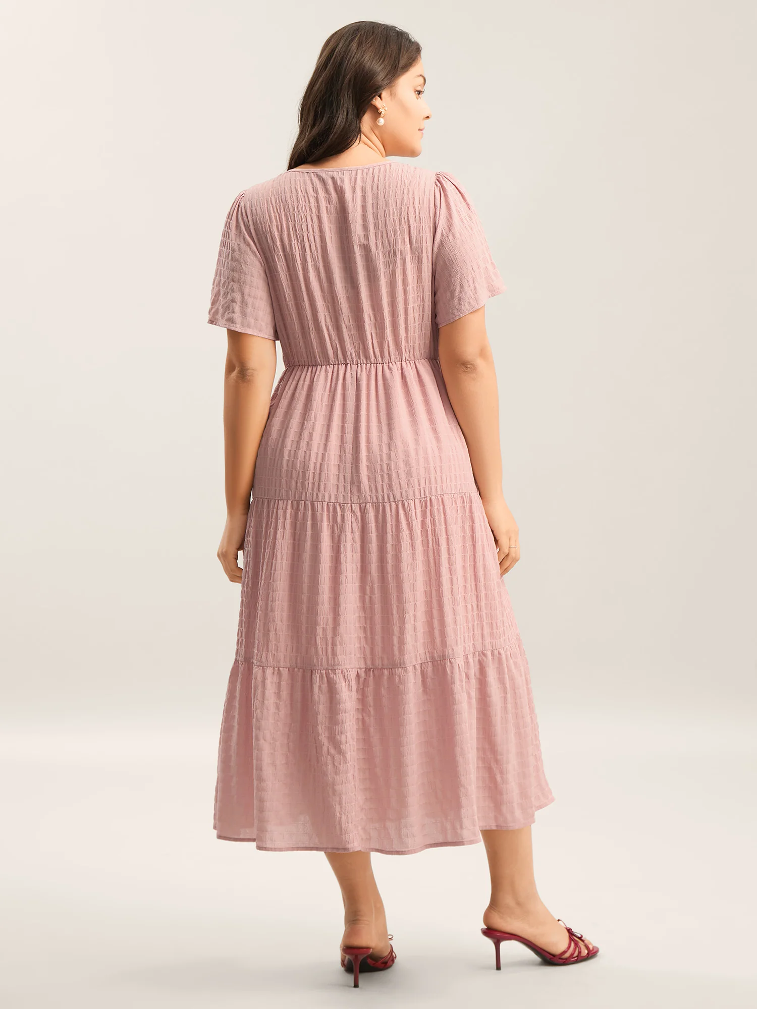 Textured A-Line Split Neck Tiered Midi Dress - Image 4