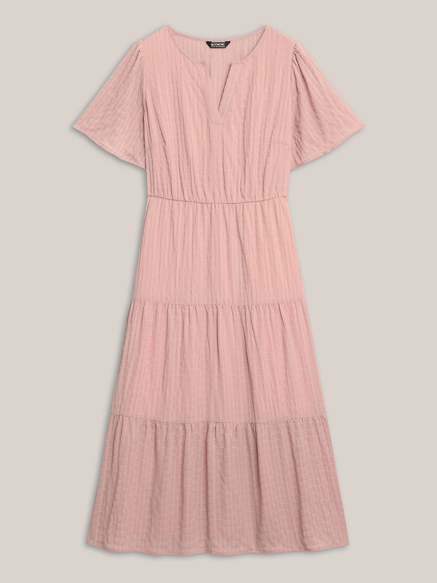 Textured A-Line Split Neck Tiered Midi Dress - Image 7