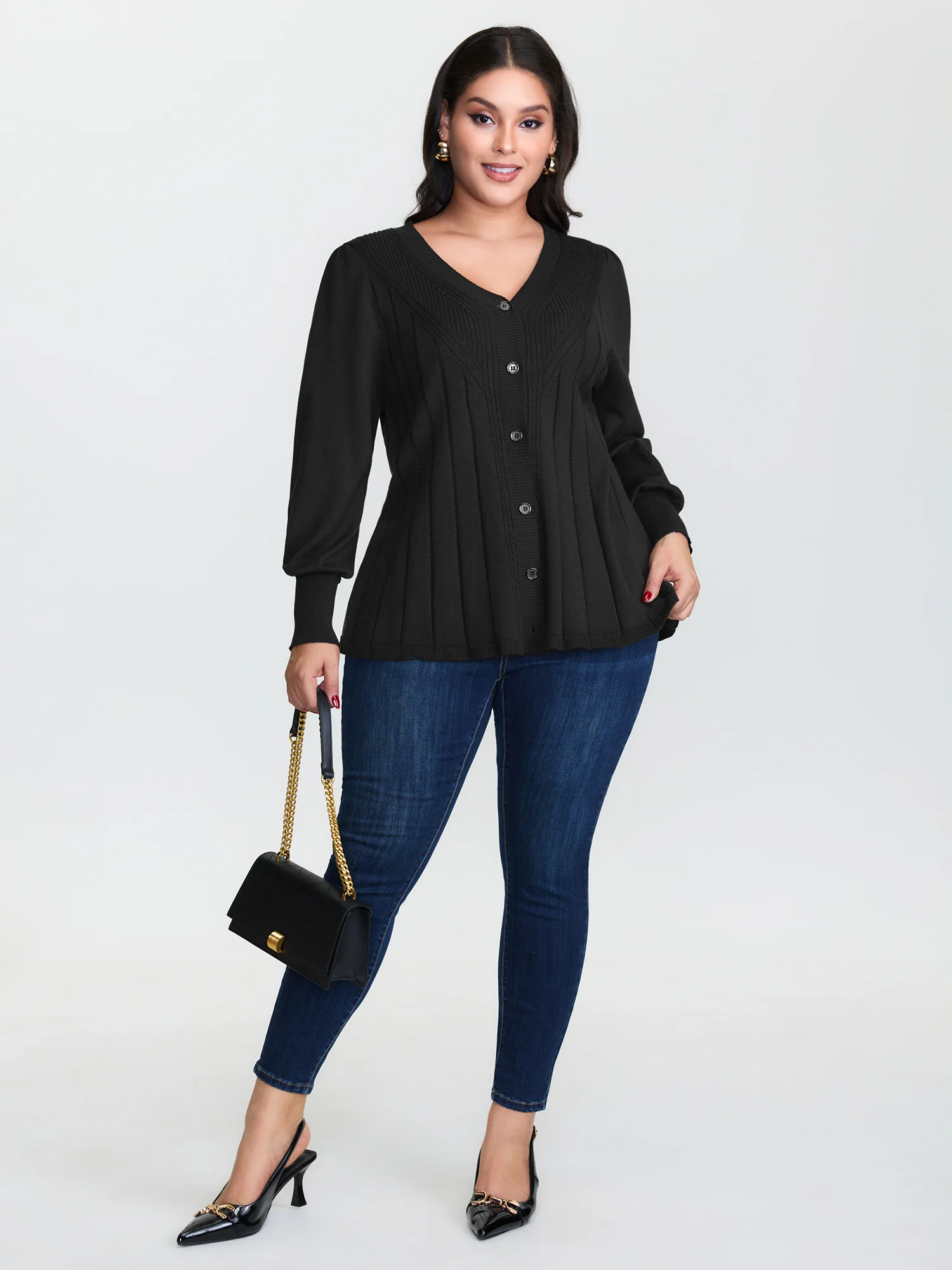 Textured A-Shaped Hem Lantern Sleeve Knit Cardigan - Image 2