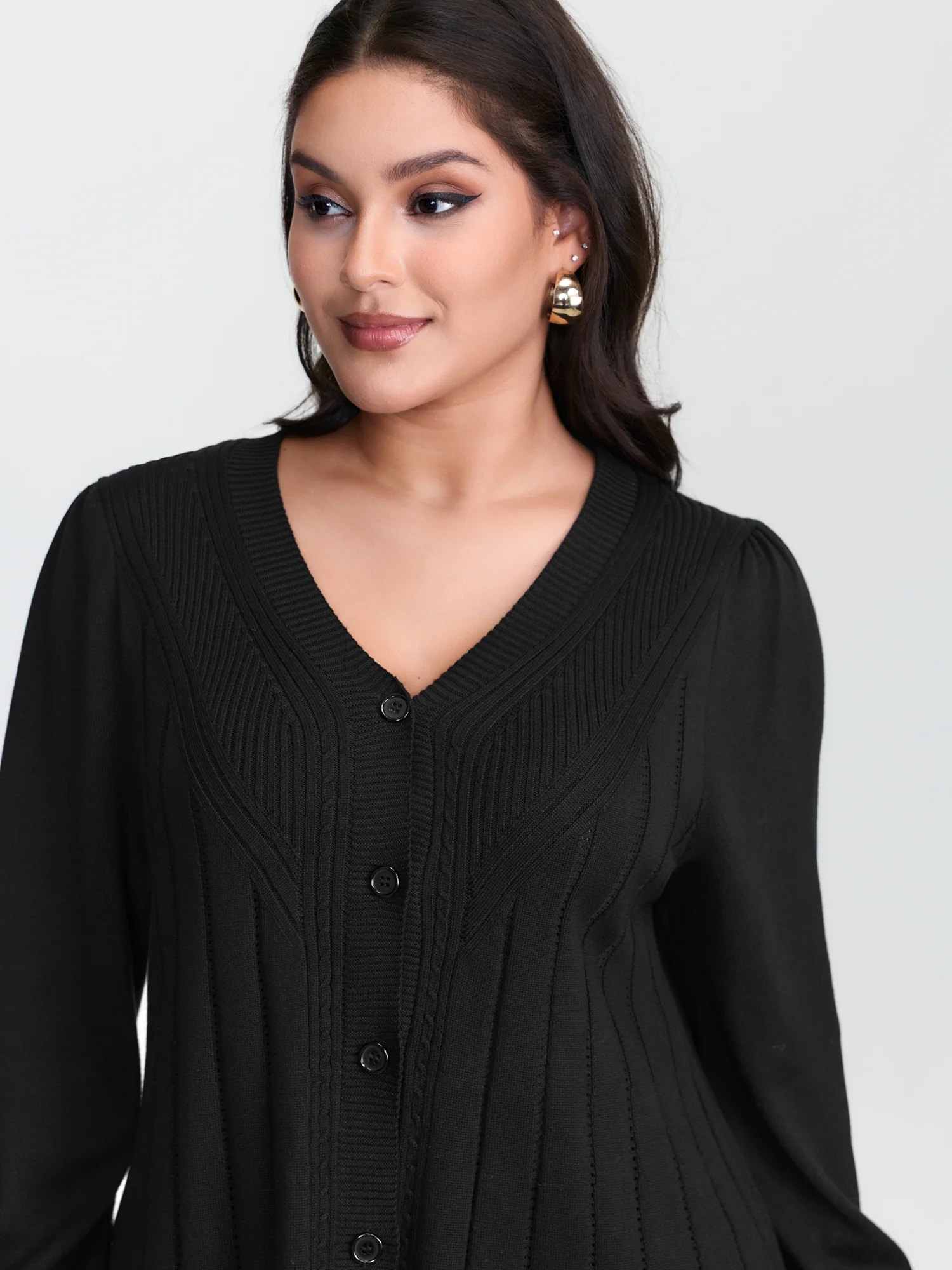 Textured A-Shaped Hem Lantern Sleeve Knit Cardigan - Image 3