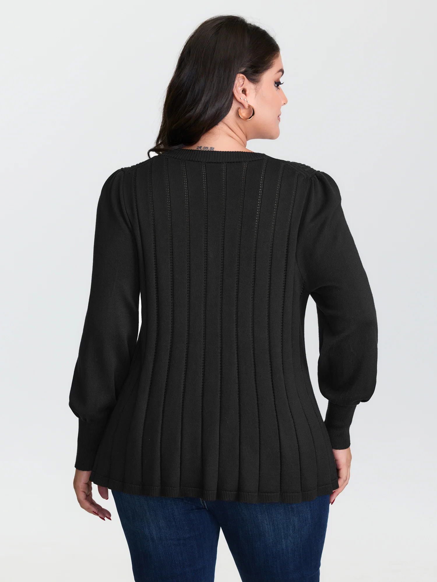 Textured A-Shaped Hem Lantern Sleeve Knit Cardigan - Image 4
