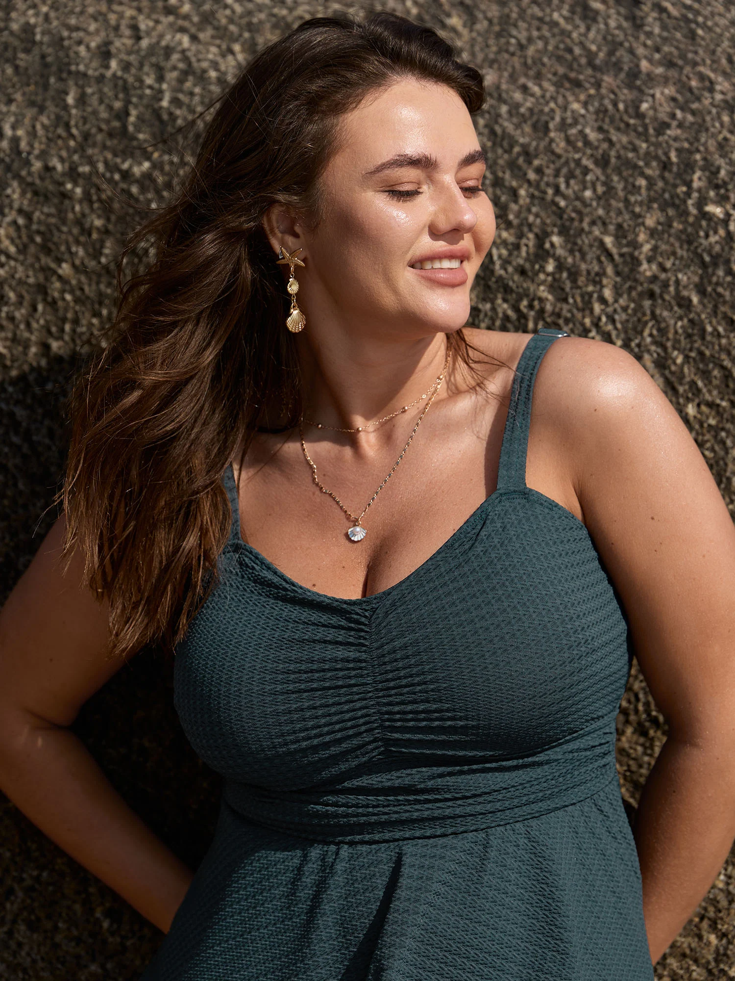 Textured Adjustable Cinched Flared Swim Dress - Image 2