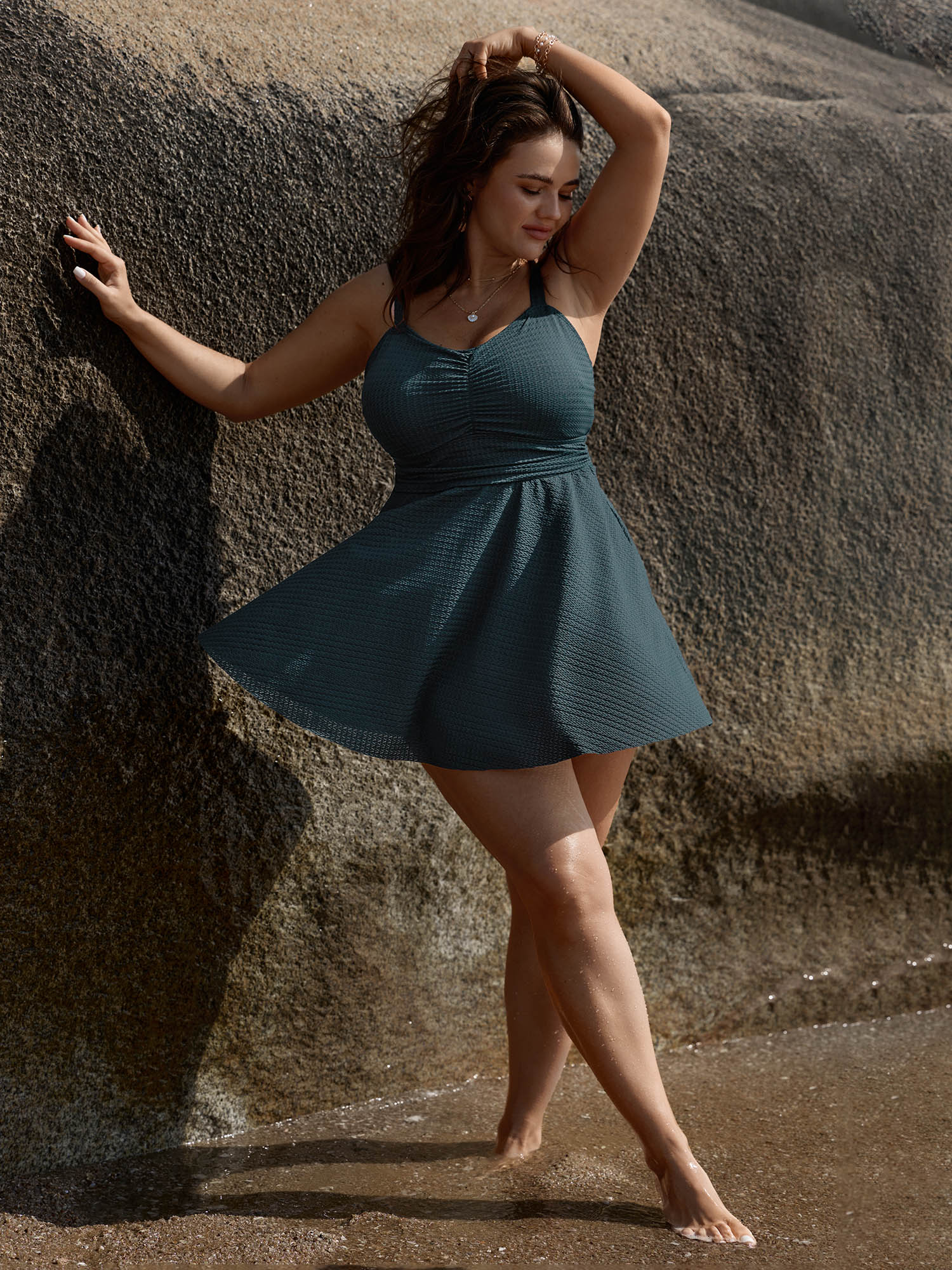 Textured Adjustable Cinched Flared Swim Dress - Image 3