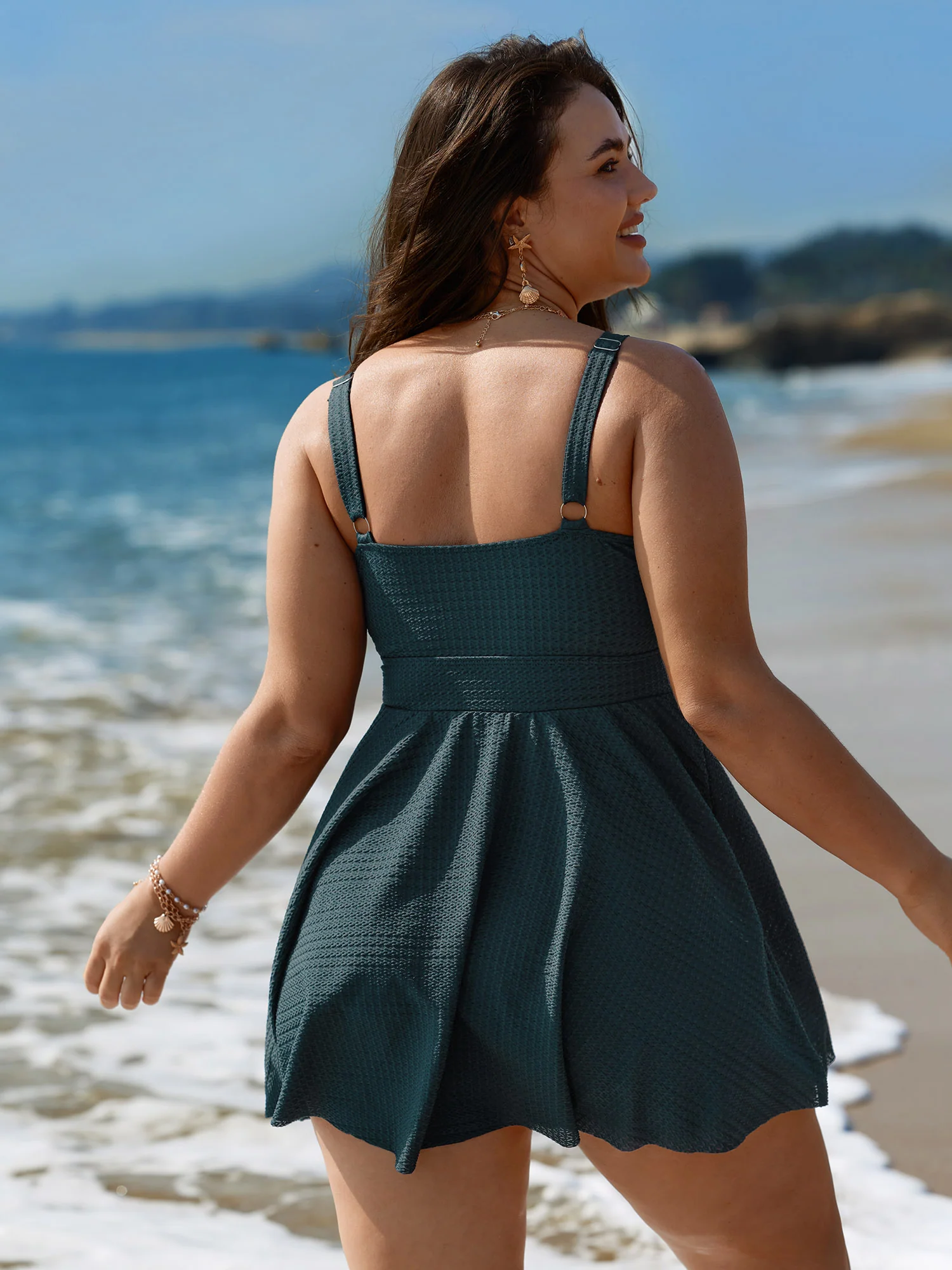 Textured Adjustable Cinched Flared Swim Dress - Image 5
