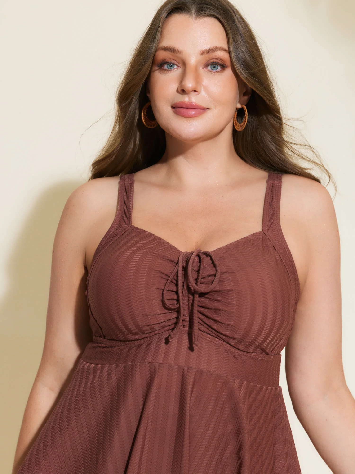 Textured Adjustable Drawstring Bodice Swim Dress - Image 4