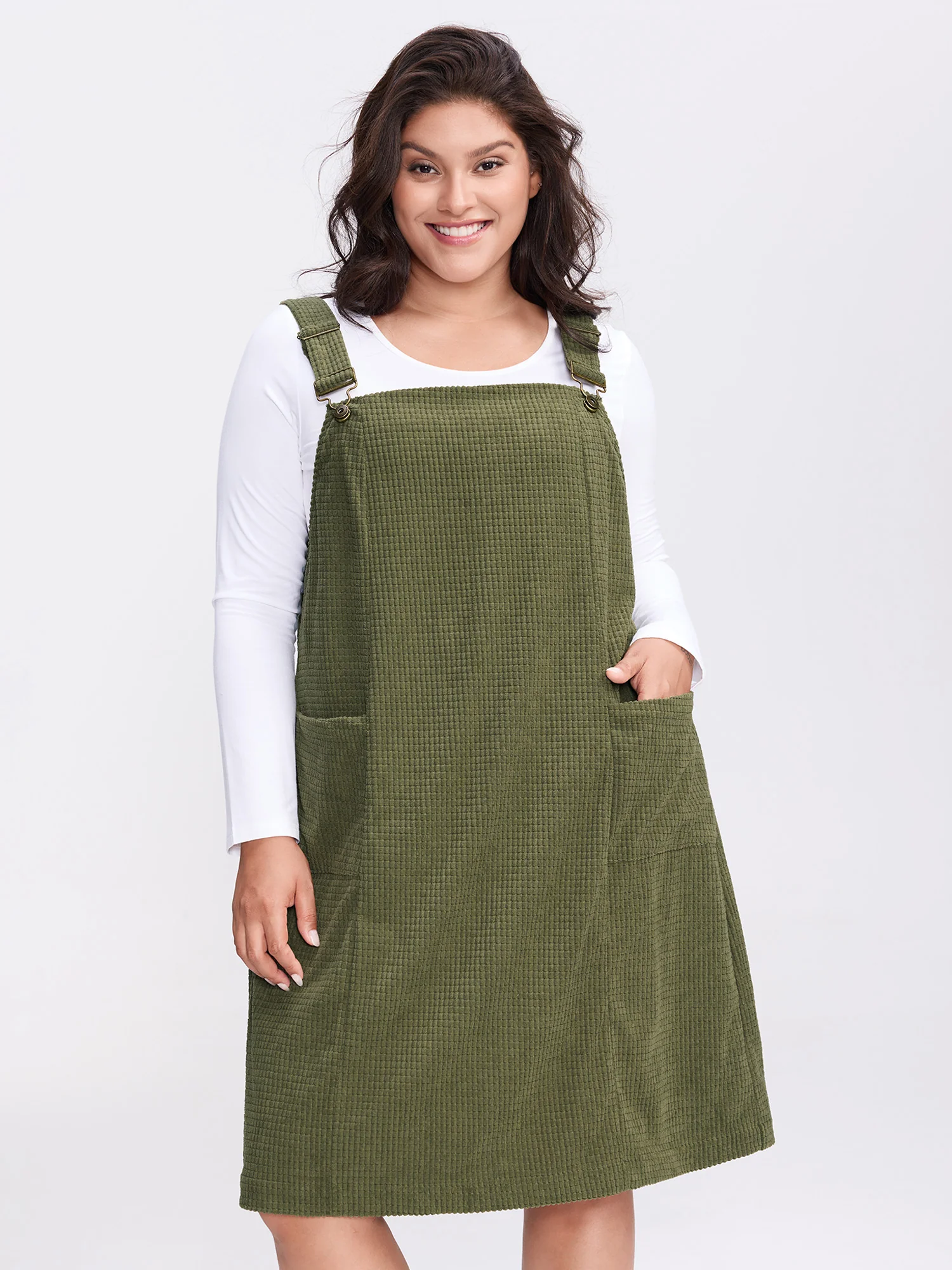 Textured Adjustable Overall Pockets Knee-Length Dress - Image 2