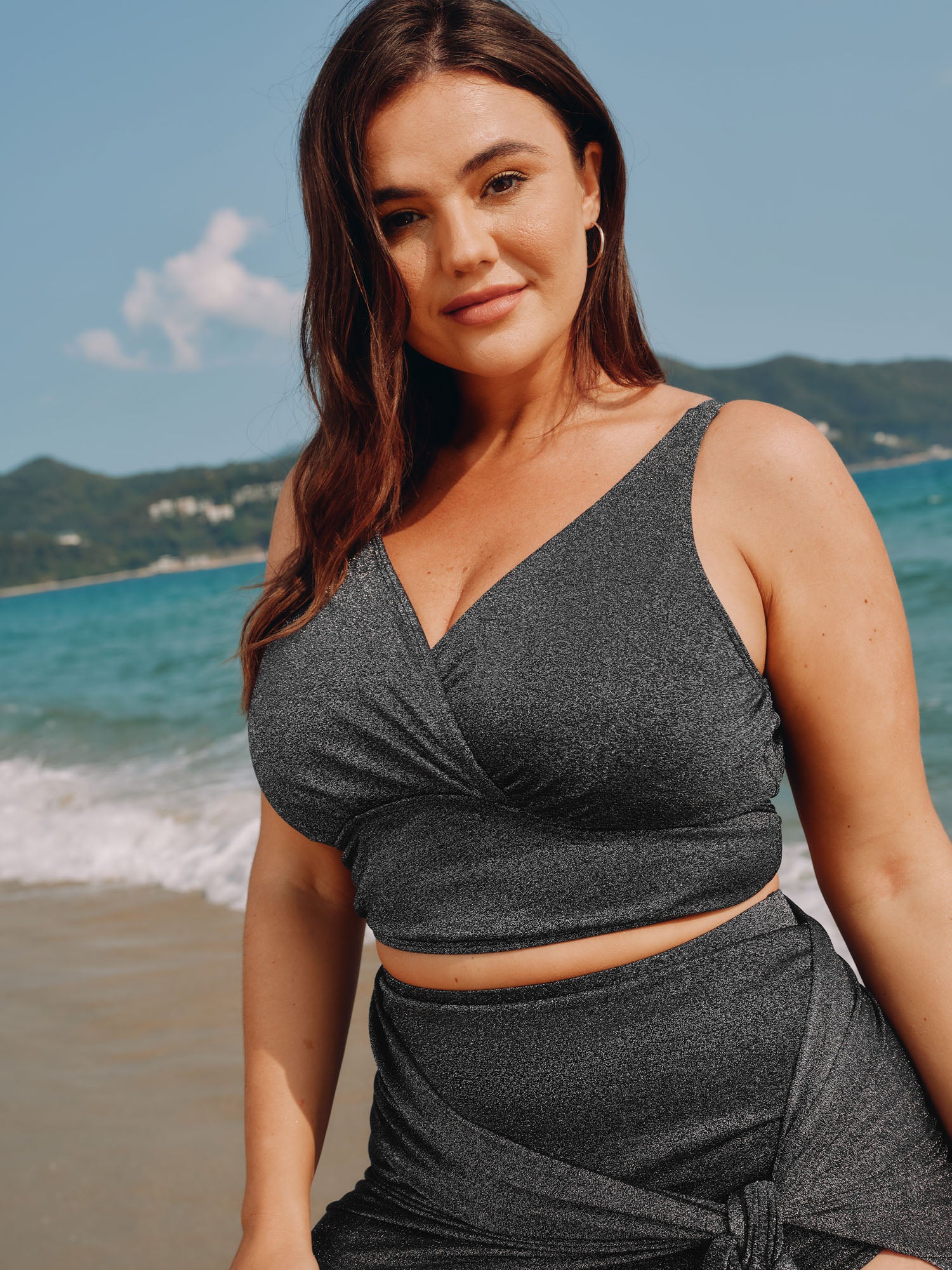 Textured Adjustable Surplice Neck Swim Top - Image 2