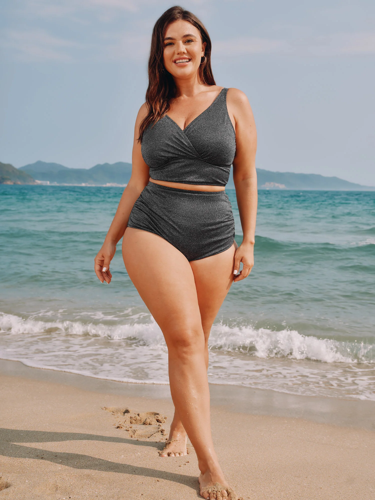 Textured Adjustable Surplice Neck Swim Top - Image 3
