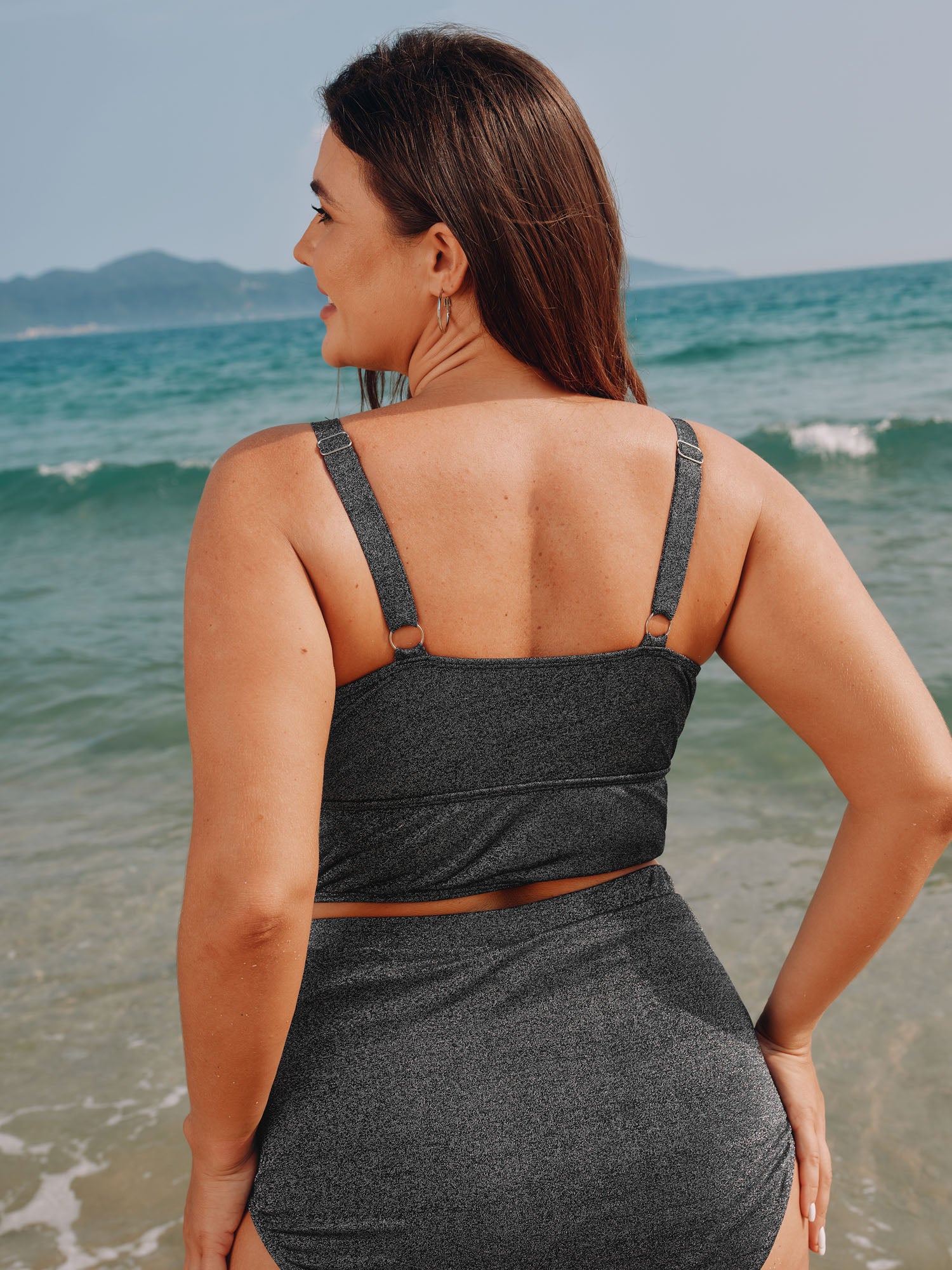 Textured Adjustable Surplice Neck Swim Top - Image 5