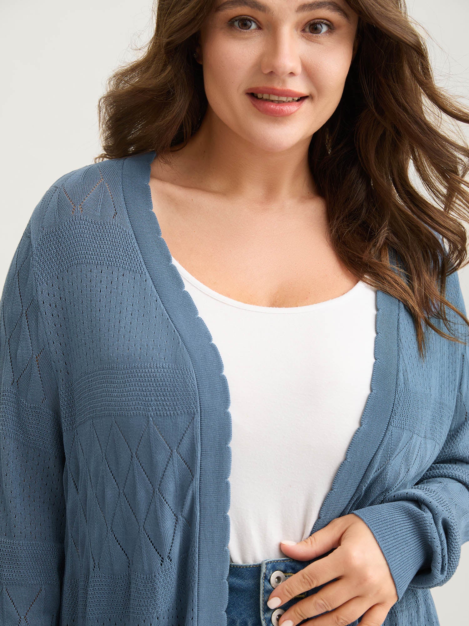 Textured Arc Hem Front-Open Lightweight Cardigan - Image 2