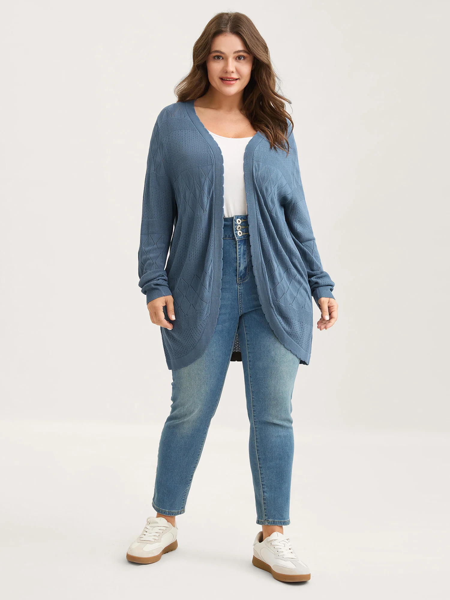 Textured Arc Hem Front-Open Lightweight Cardigan - Image 3