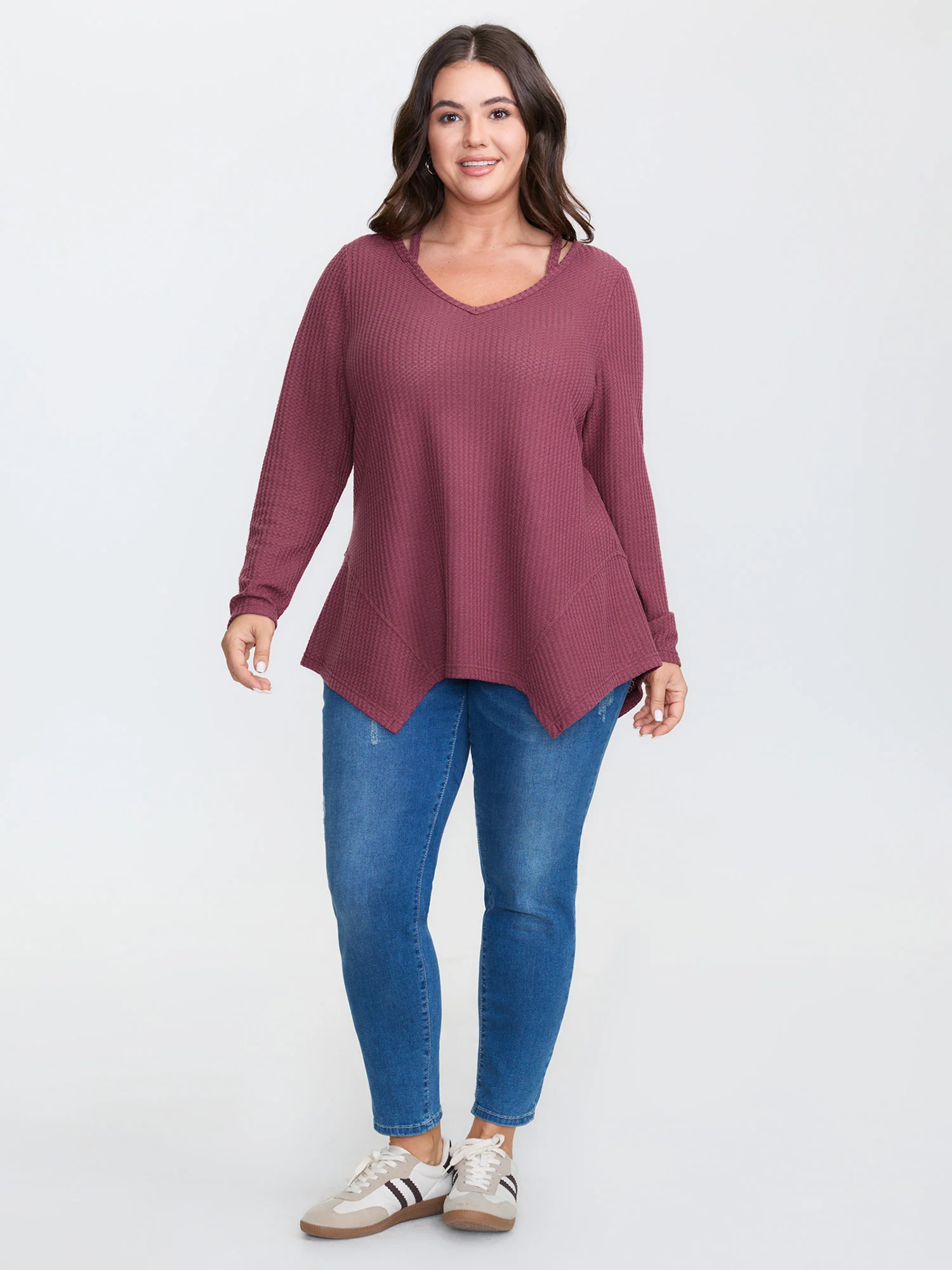 Textured Asymmetrical Hem Cut-Out Knit Top - Image 3