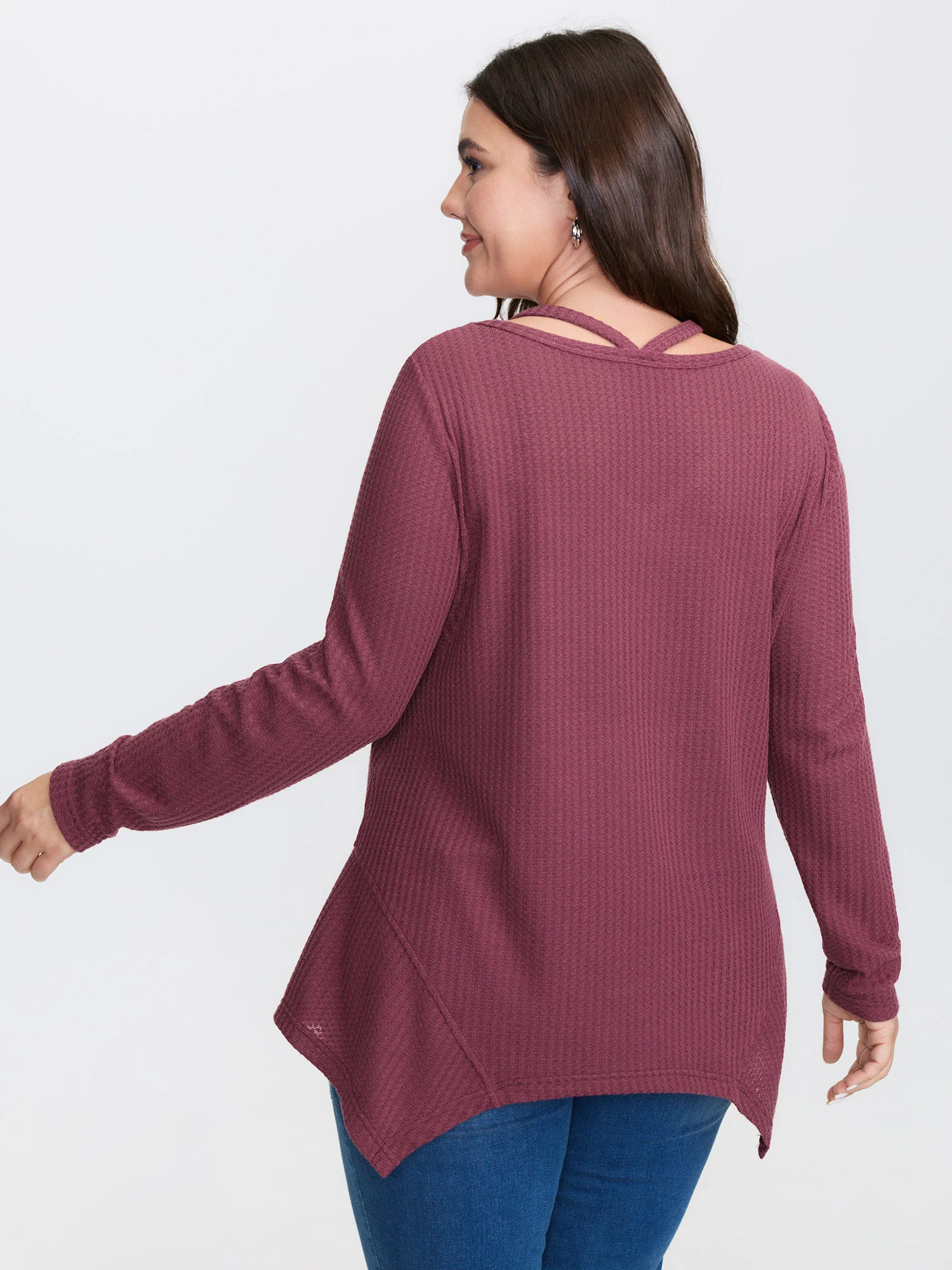 Textured Asymmetrical Hem Cut-Out Knit Top - Image 4