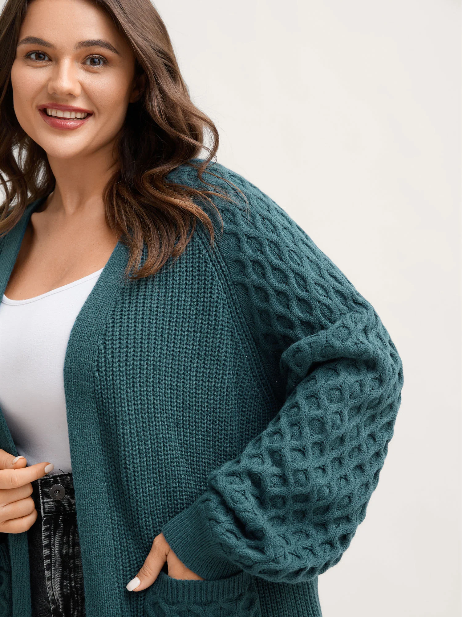 Textured Balloon Sleeve Pockets Knit Cardigan - Image 2