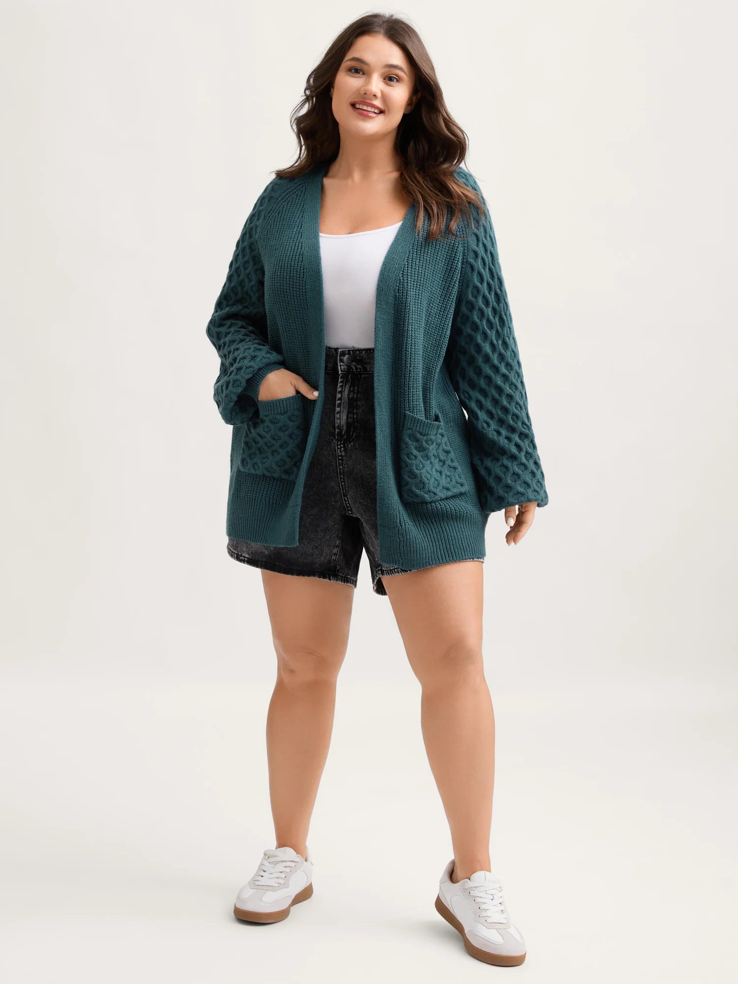 Textured Balloon Sleeve Pockets Knit Cardigan - Image 3