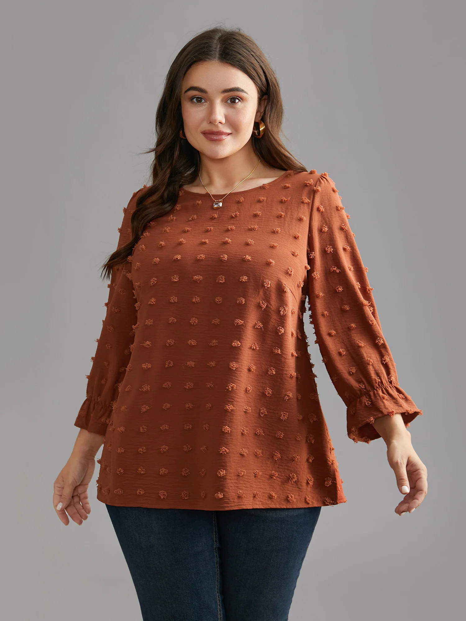 Textured Balloon Sleeves Round Neck Blouse - Image 2