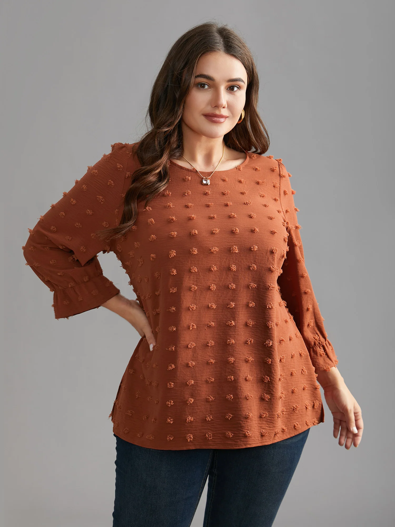 Textured Balloon Sleeves Round Neck Blouse - Image 3