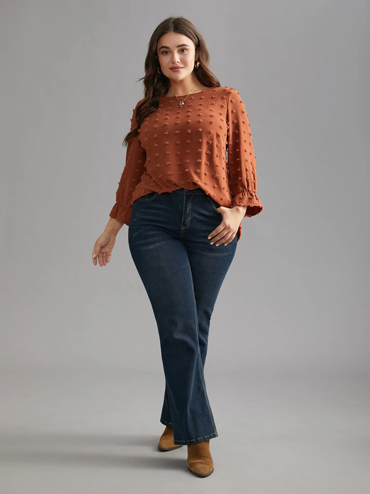 Textured Balloon Sleeves Round Neck Blouse - Image 4